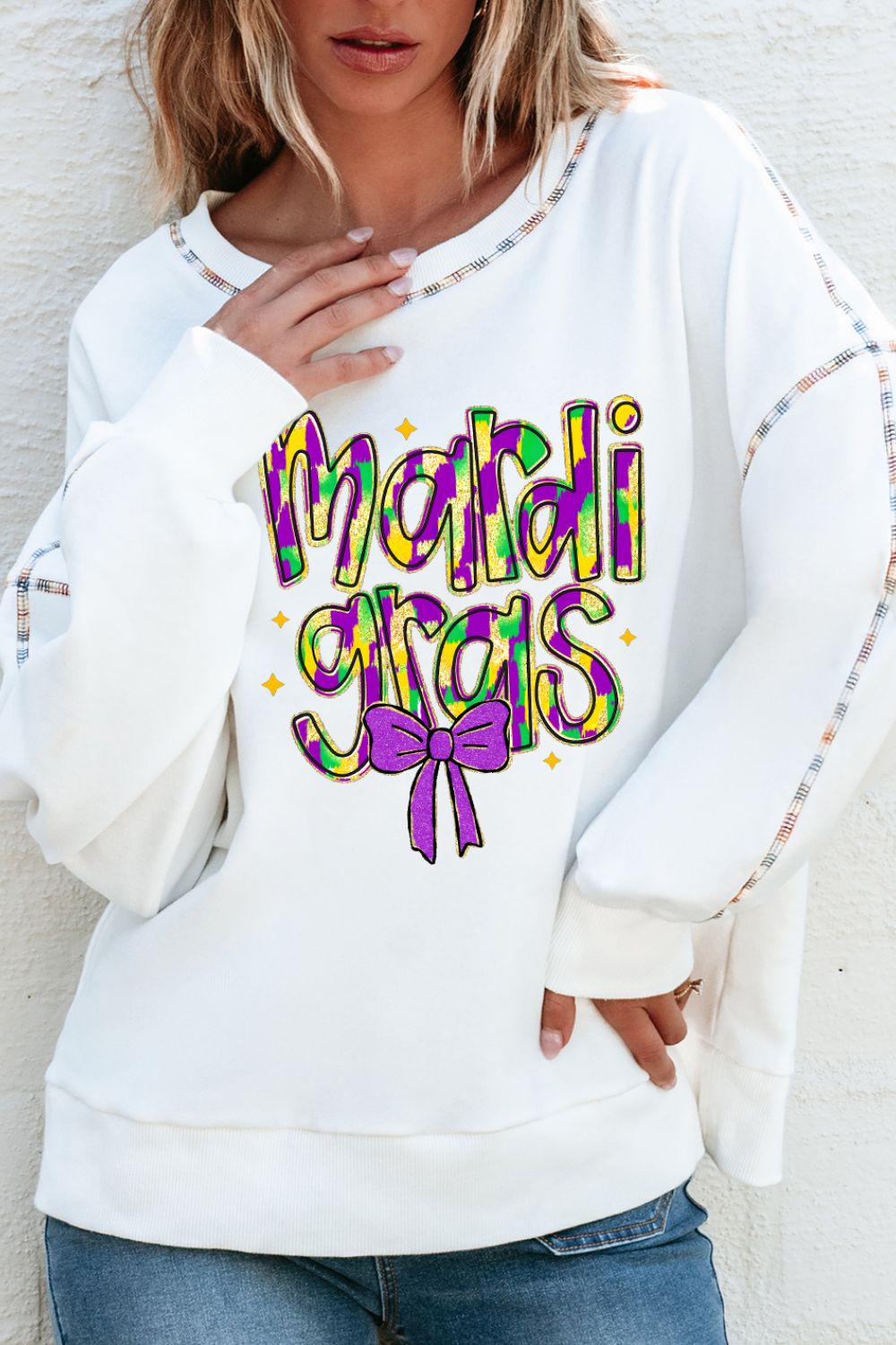 MARDI GRAS Round Neck Long Sleeve Sweatshirt-TOPS / DRESSES-[Adult]-[Female]-White-S-2022 Online Blue Zone Planet