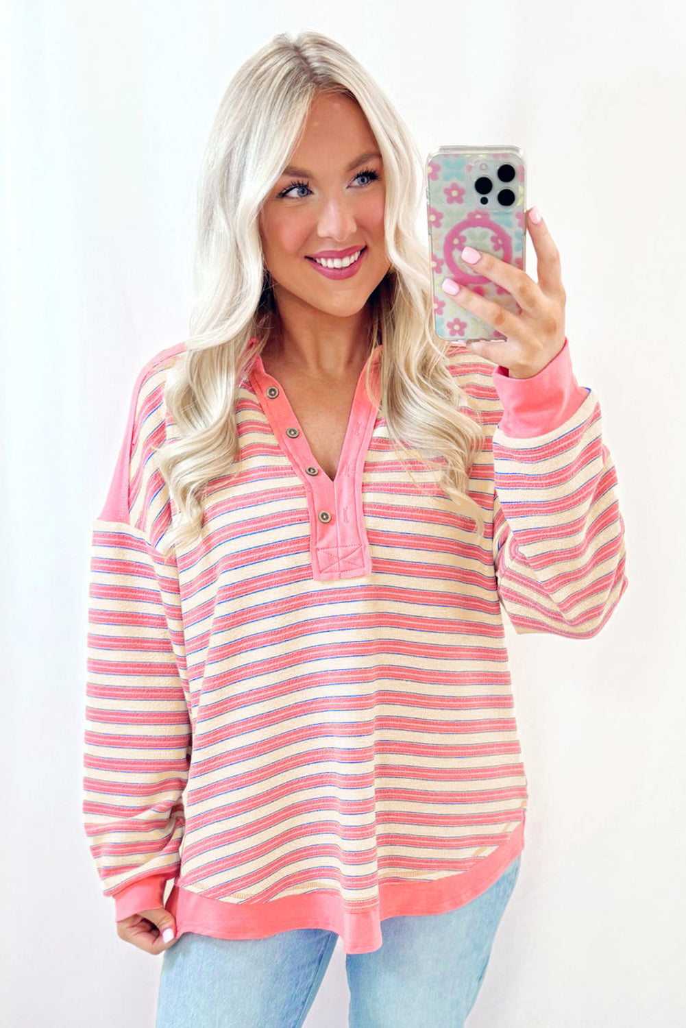 Pink Stripe Collared V Neck Drop Shoulder Top-Long Sleeve Tops-[Adult]-[Female]-2022 Online Blue Zone Planet