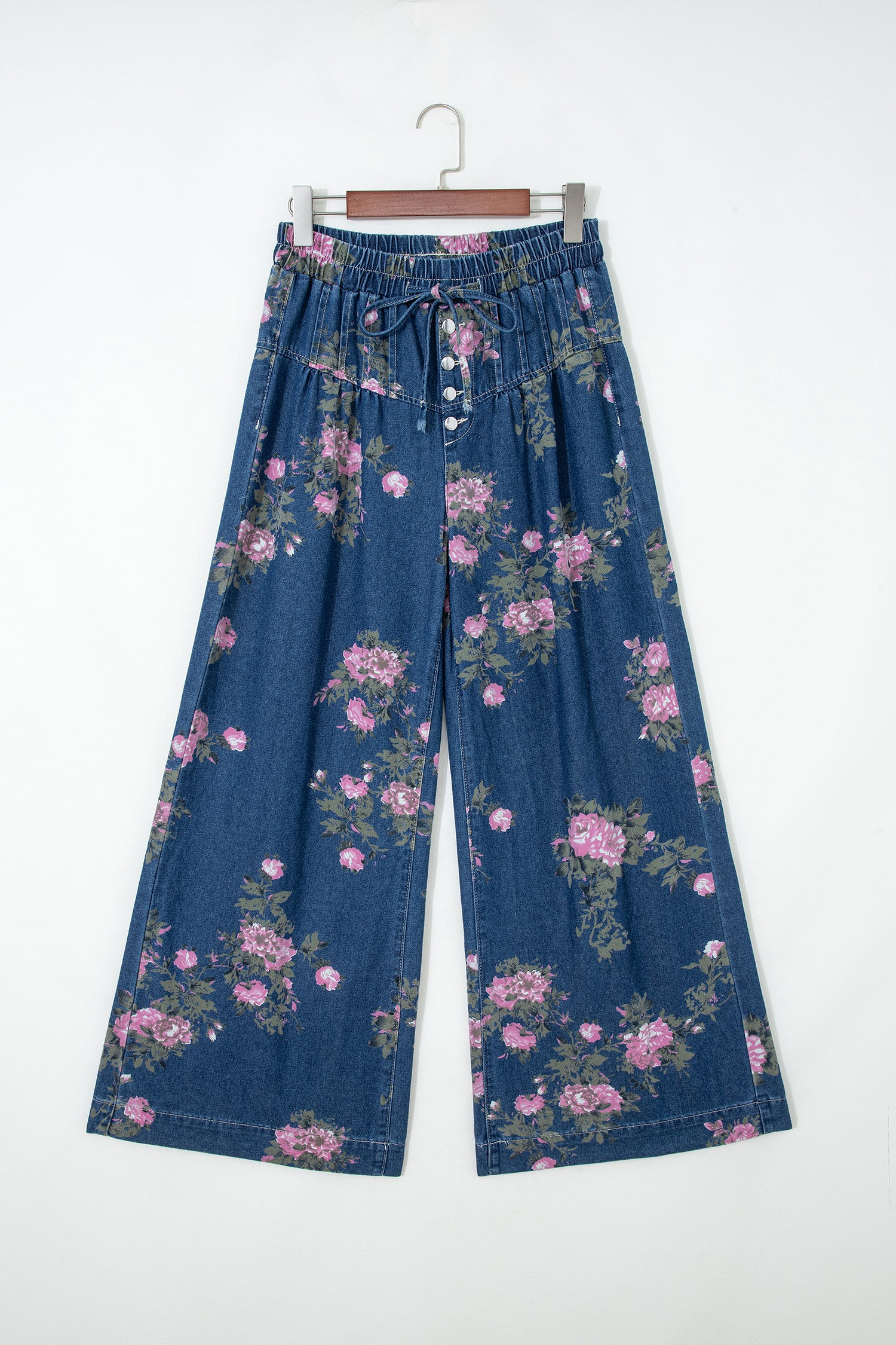 Blue Retro Floral Print Tie Elastic Waist Button Pintuck Wide Leg Jeans-Bottoms/Jeans-[Adult]-[Female]-2022 Online Blue Zone Planet