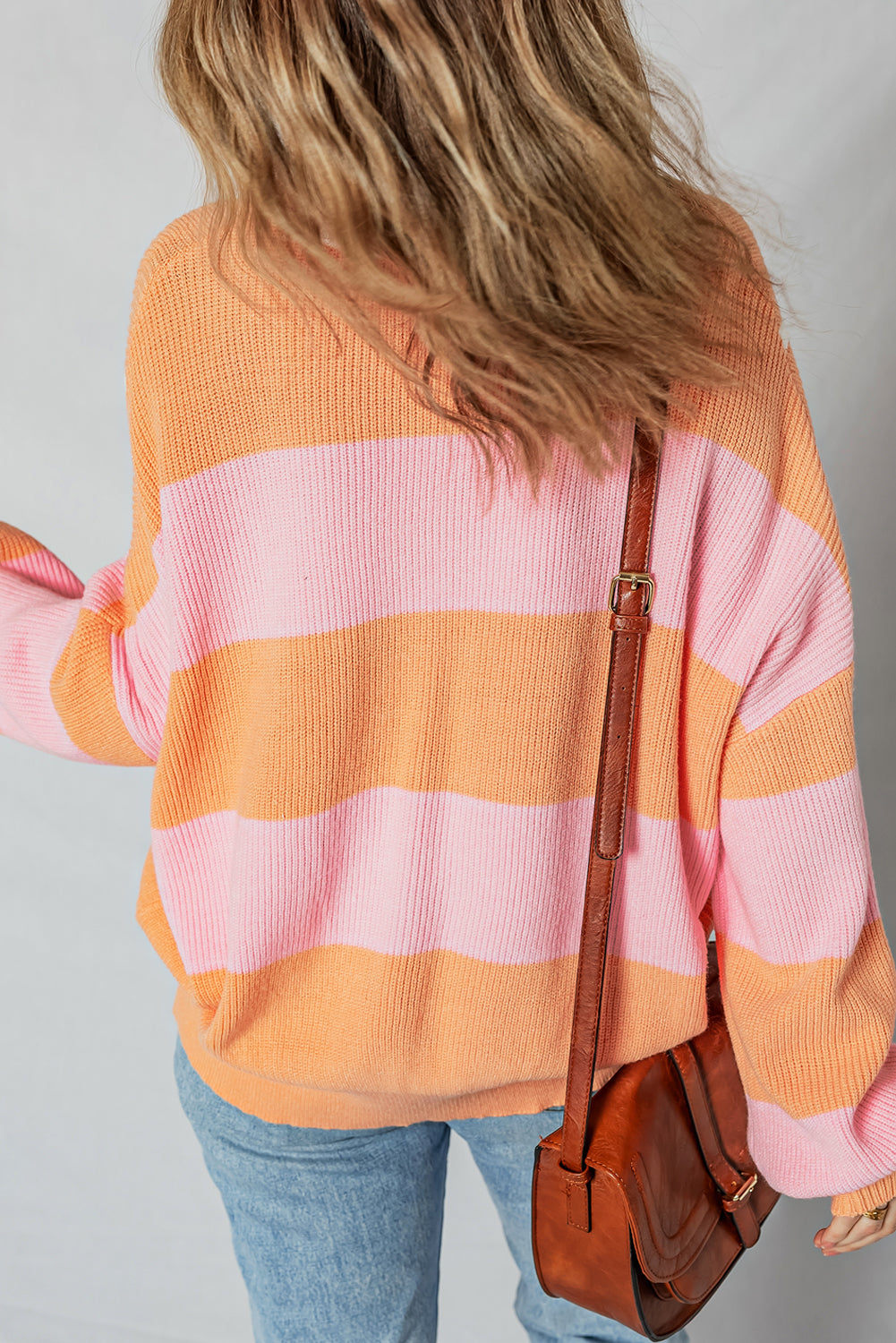 Orange Stripe Colorblock Half Zip Oversize Sweater-Sweaters & Cardigans/Sweaters-[Adult]-[Female]-2022 Online Blue Zone Planet