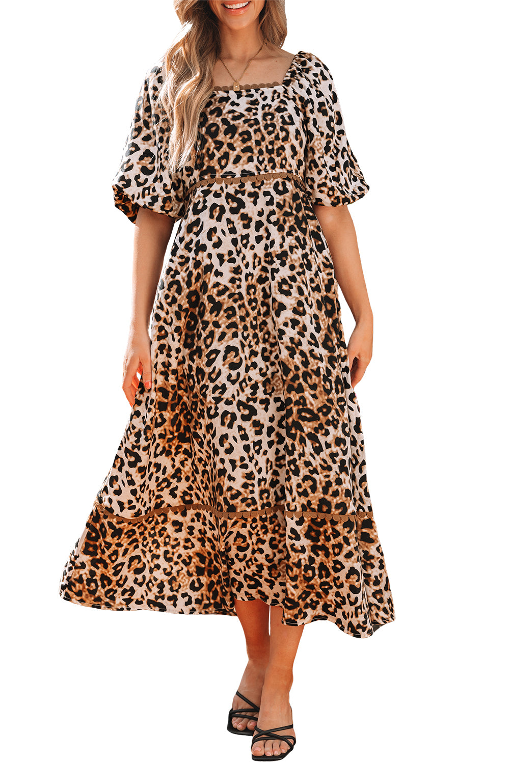 Blue Zone Planet | Brown Leopard Print Bubble Sleeve Square Neck Maxi Dress-TOPS / DRESSES-[Adult]-[Female]-2022 Online Blue Zone Planet