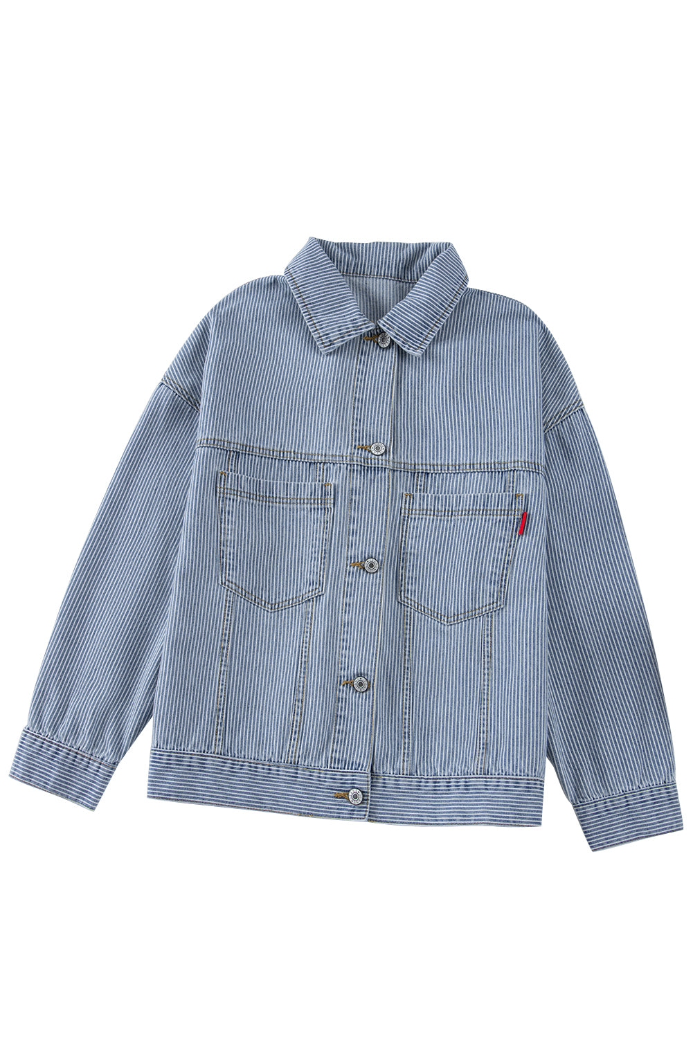 Blue Zone Planet | Sky Blue Stripe Washed Oversized Pocketed Denim Jacket-Jackets-[Adult]-[Female]-2022 Online Blue Zone Planet