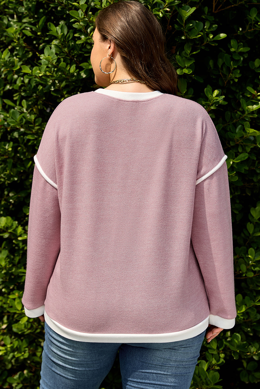 Light Pink Contrast Trim Knitted Drop Shoulder Plus Size Top-Plus Size/Plus Size Tops/Plus Size Long Sleeve Tops-[Adult]-[Female]-2022 Online Blue Zone Planet