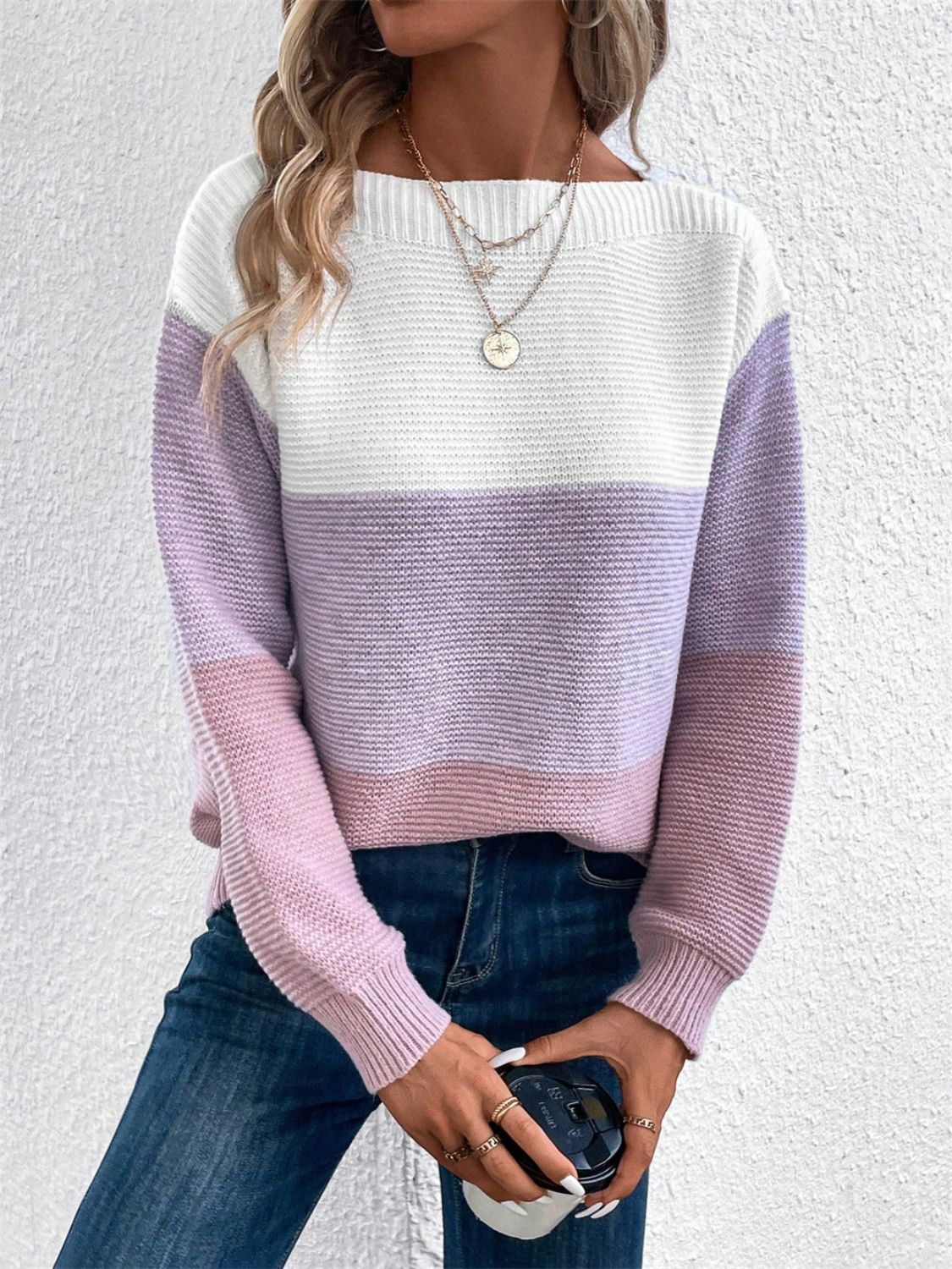 Blue Zone Planet | Color Block Drop Shoulder Long Sleeve Sweater-TOPS / DRESSES-[Adult]-[Female]-Pink Purple-S-2022 Online Blue Zone Planet