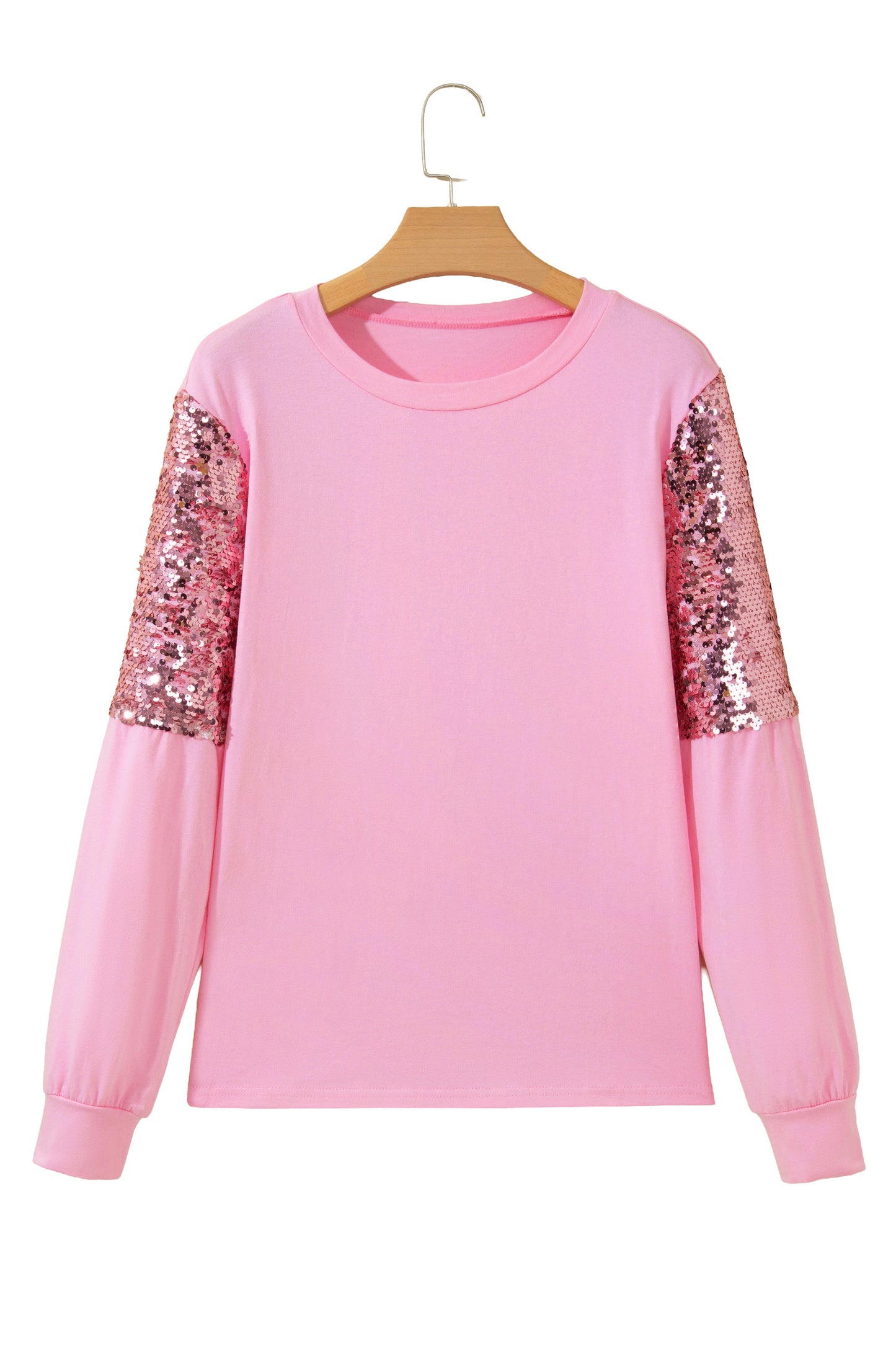 Pink Long Sleeve Sequin Round Neck Pullover Top-Tops/Long Sleeve Tops-[Adult]-[Female]-2022 Online Blue Zone Planet