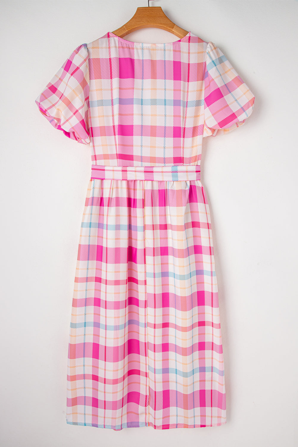 Blue Zone Planet | Pink Checkered Puff Sleeve Belted Midi Dress-TOPS / DRESSES-[Adult]-[Female]-2022 Online Blue Zone Planet