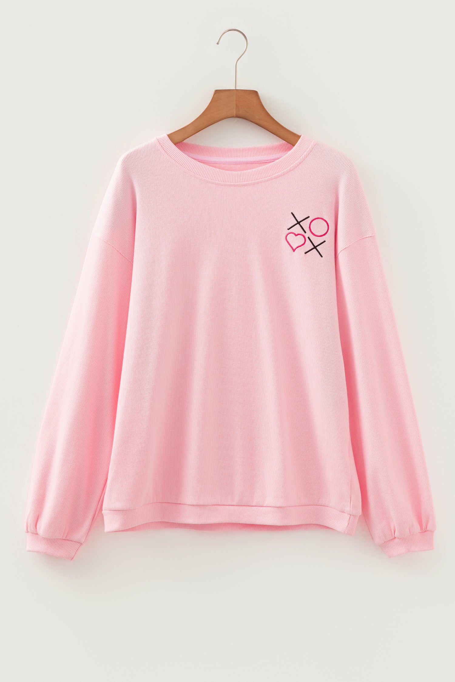 Pink 3d Ribbed XOXO Heart Embroidered Drop Shoulder Sweatshirt-Tops/Sweatshirts & Hoodies-[Adult]-[Female]-2022 Online Blue Zone Planet