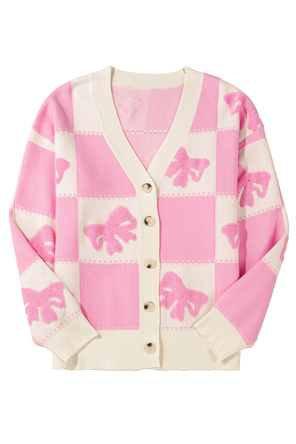 Blue Zone Planet | Pink Bowknot and Checkered Drop Shoulder Cardigan-Cardigans-[Adult]-[Female]-2022 Online Blue Zone Planet