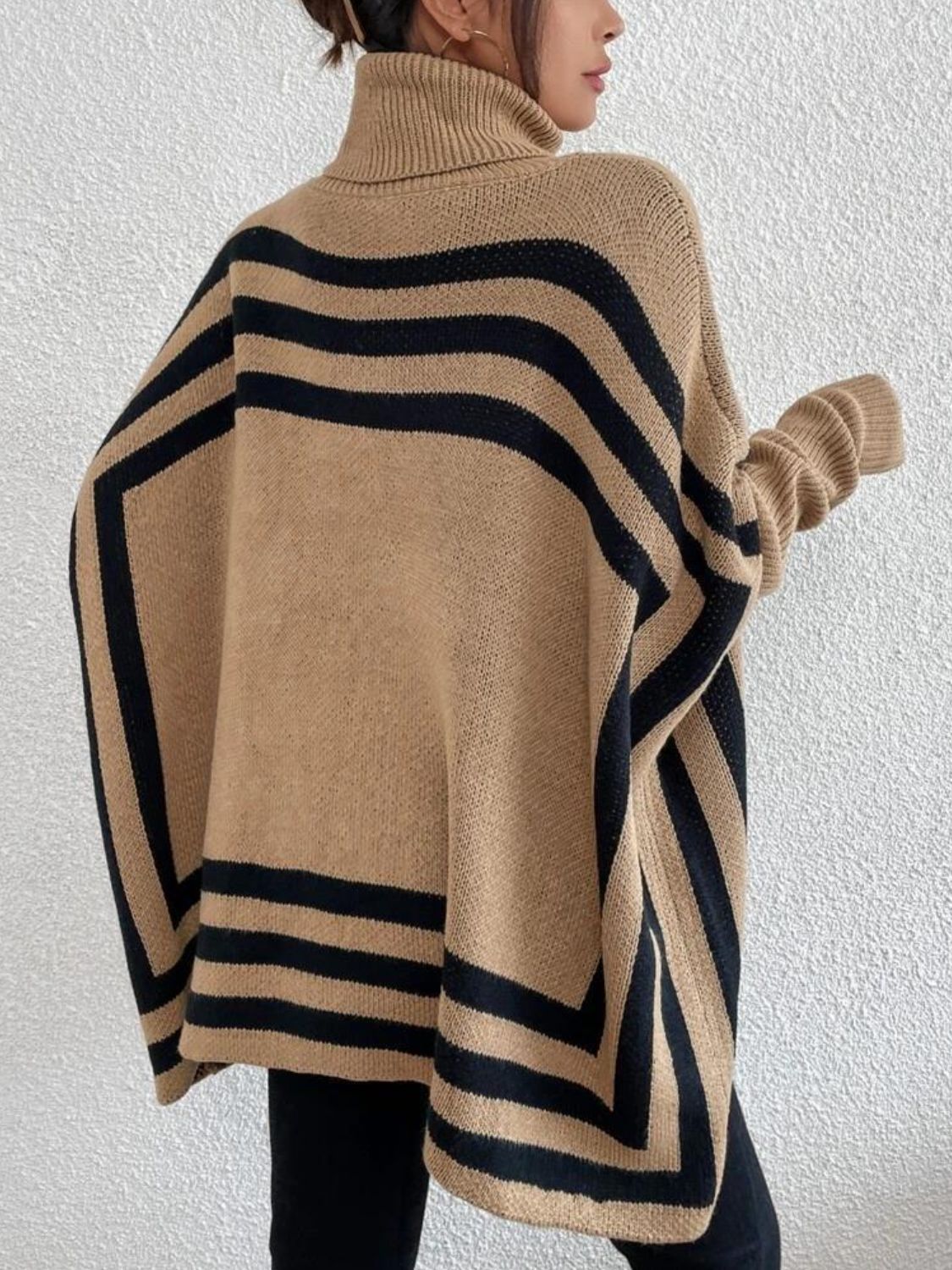 Striped Turtleneck Batwing Sleeve Sweater with Pockets-TOPS / DRESSES-[Adult]-[Female]-2022 Online Blue Zone Planet