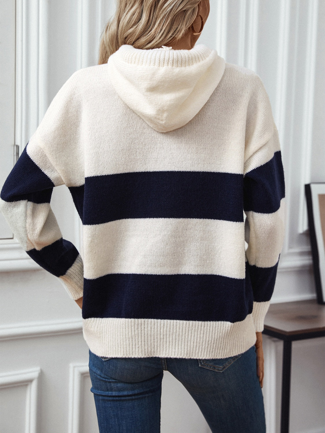 Drawstring Contrast Stripe Dropped Shoulder Hooded Sweater-TOPS / DRESSES-[Adult]-[Female]-2022 Online Blue Zone Planet