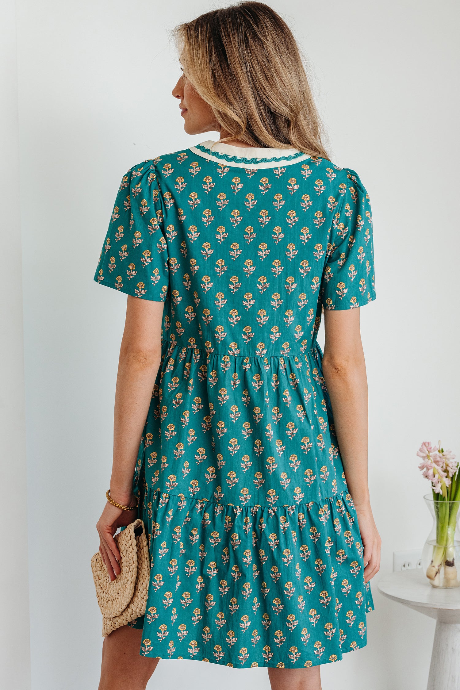 Green Contrast Trim V Neck Short Sleeve Floral Dress-TOPS / DRESSES-[Adult]-[Female]-2022 Online Blue Zone Planet