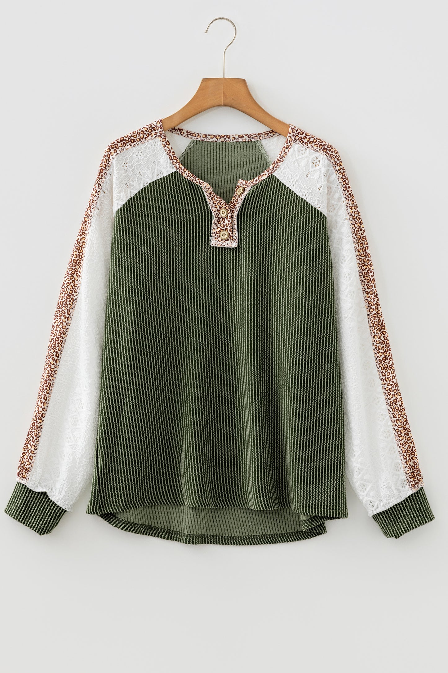 Vineyard Green Twisted Ribbed Leopard Lace Contrast Patchwork Long Sleeve Top-Tops/Long Sleeve Tops-[Adult]-[Female]-2022 Online Blue Zone Planet