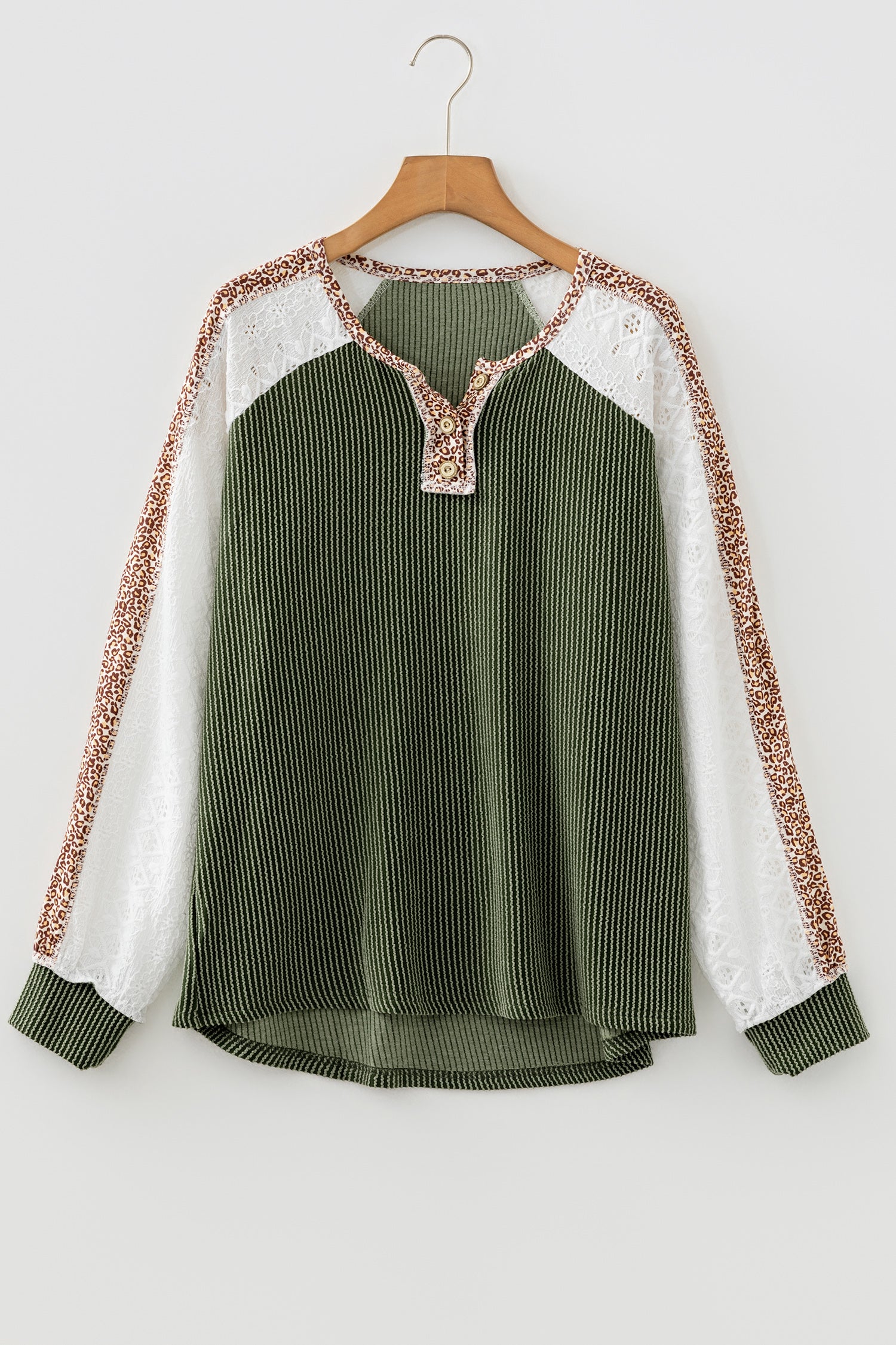 Vineyard Green Twisted Ribbed Leopard Lace Contrast Patchwork Long Sleeve Top-Tops/Long Sleeve Tops-[Adult]-[Female]-2022 Online Blue Zone Planet