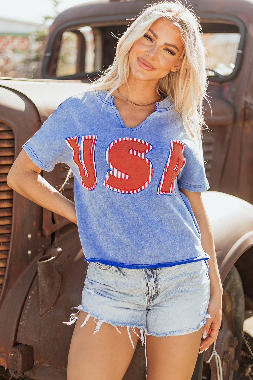 Sky Blue USA Patch Mineral Wash Notch V Neck Vintage Graphic T Shirt-Graphic/Graphic Tees-[Adult]-[Female]-2022 Online Blue Zone Planet
