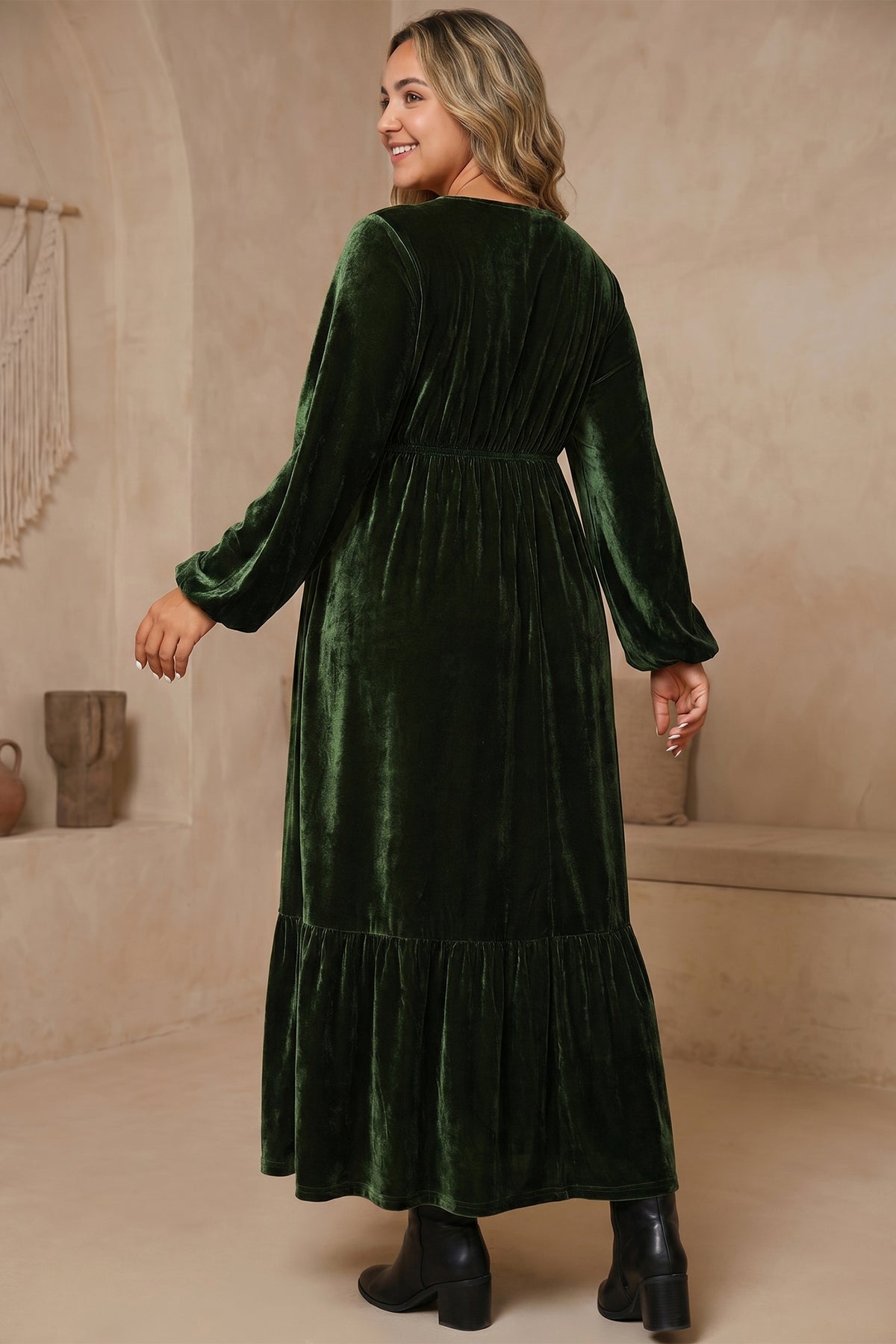 Blackish Green V Neck Long Sleeve Velvet Loose Fit Plus Size Dress-Plus Size/Plus Size Dresses/Plus Size Maxi Dresses-[Adult]-[Female]-2022 Online Blue Zone Planet
