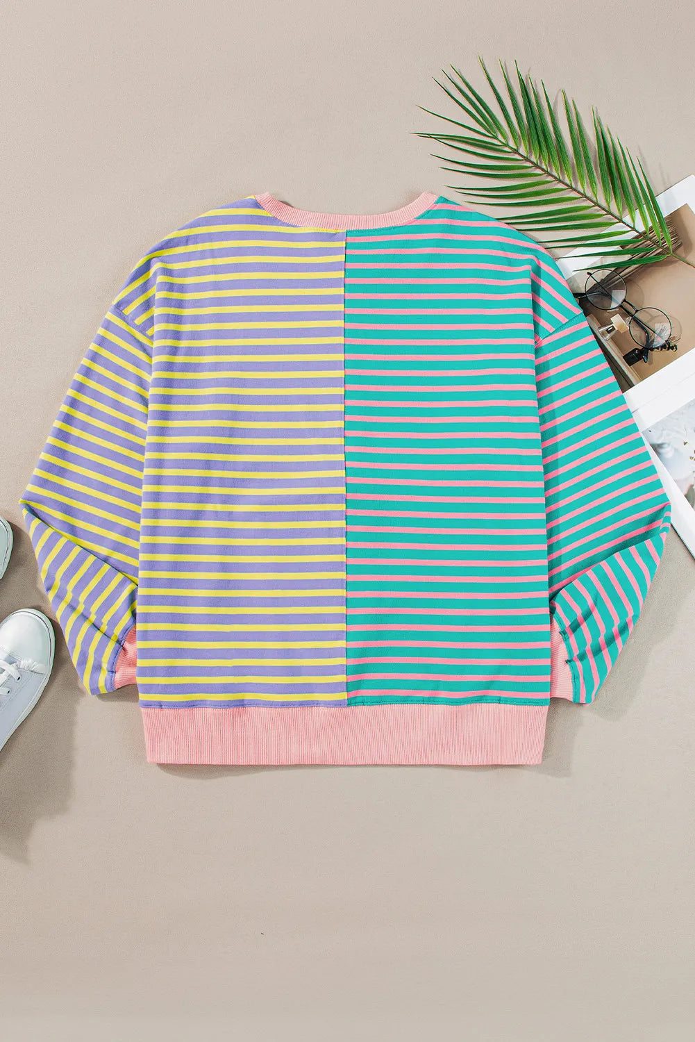 Blue Zone Planet | Contrast Stripes Round Neck Long Sleeve Sweatshirt-TOPS / DRESSES-[Adult]-[Female]-2022 Online Blue Zone Planet