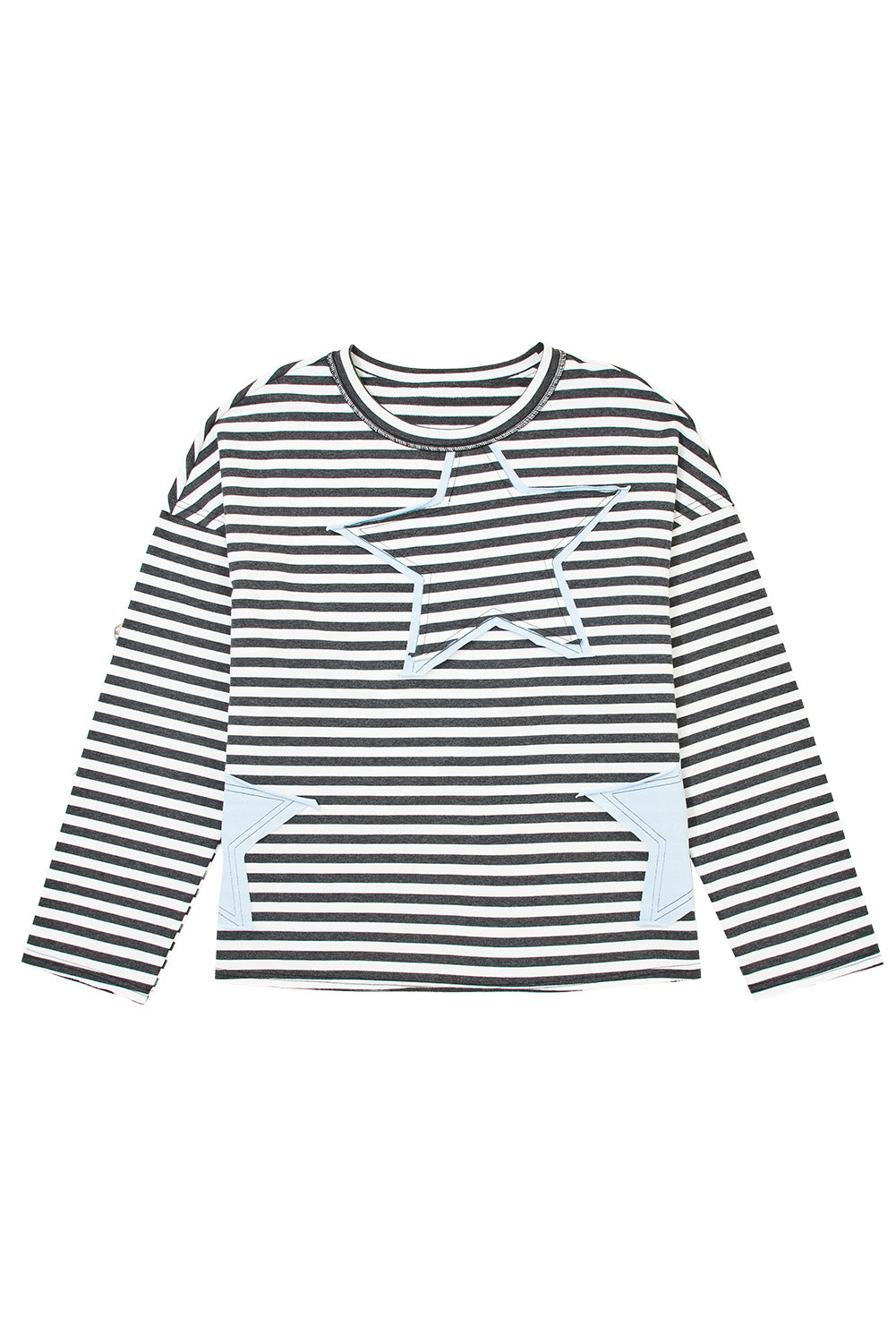 Gray Stripe Starry Patch Drop Shoulder Raw Edge Casual Knit Top-Tops/Sweatshirts & Hoodies-[Adult]-[Female]-2022 Online Blue Zone Planet