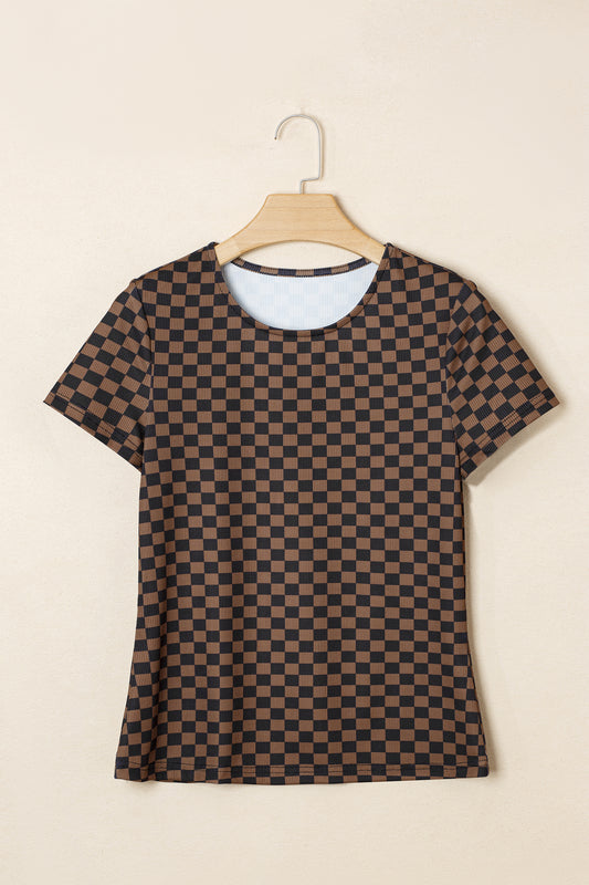 Black Checkerboard Round Neck Summer T Shirt-Tops/Tops & Tees-[Adult]-[Female]-2022 Online Blue Zone Planet