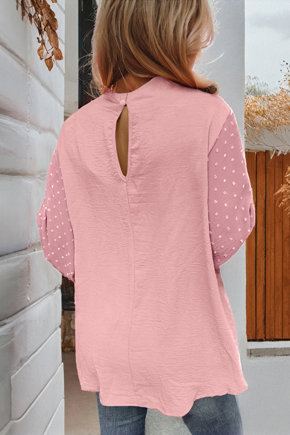 Gossamer Pink Swiss Dot Balloon Sleeve Loose Blouse-Tops/Blouses & Shirts-[Adult]-[Female]-2022 Online Blue Zone Planet