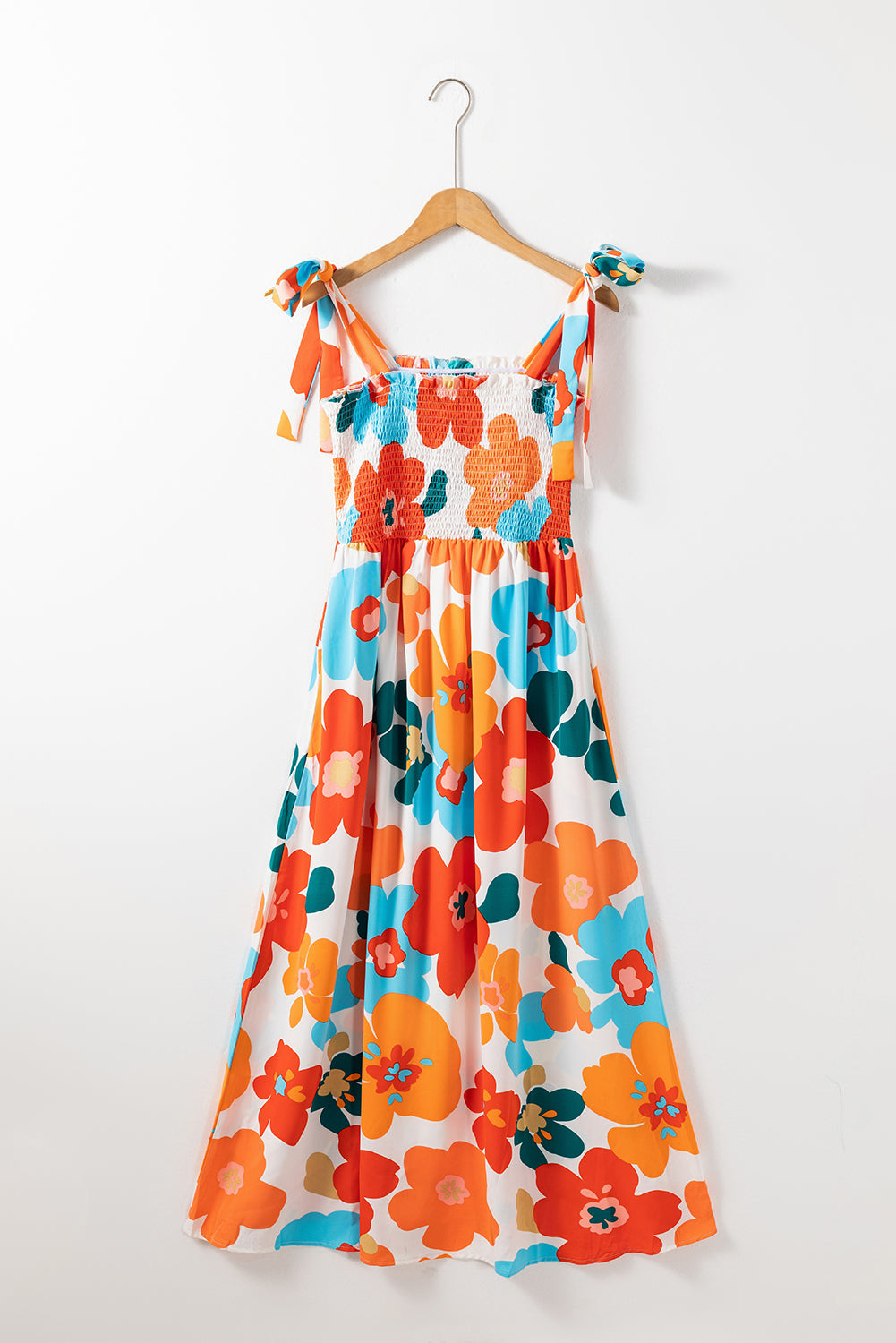 Orange Floral Self Tied Straps Smocked Bust Maxi Dress-Dresses/Floral Dresses-[Adult]-[Female]-2022 Online Blue Zone Planet