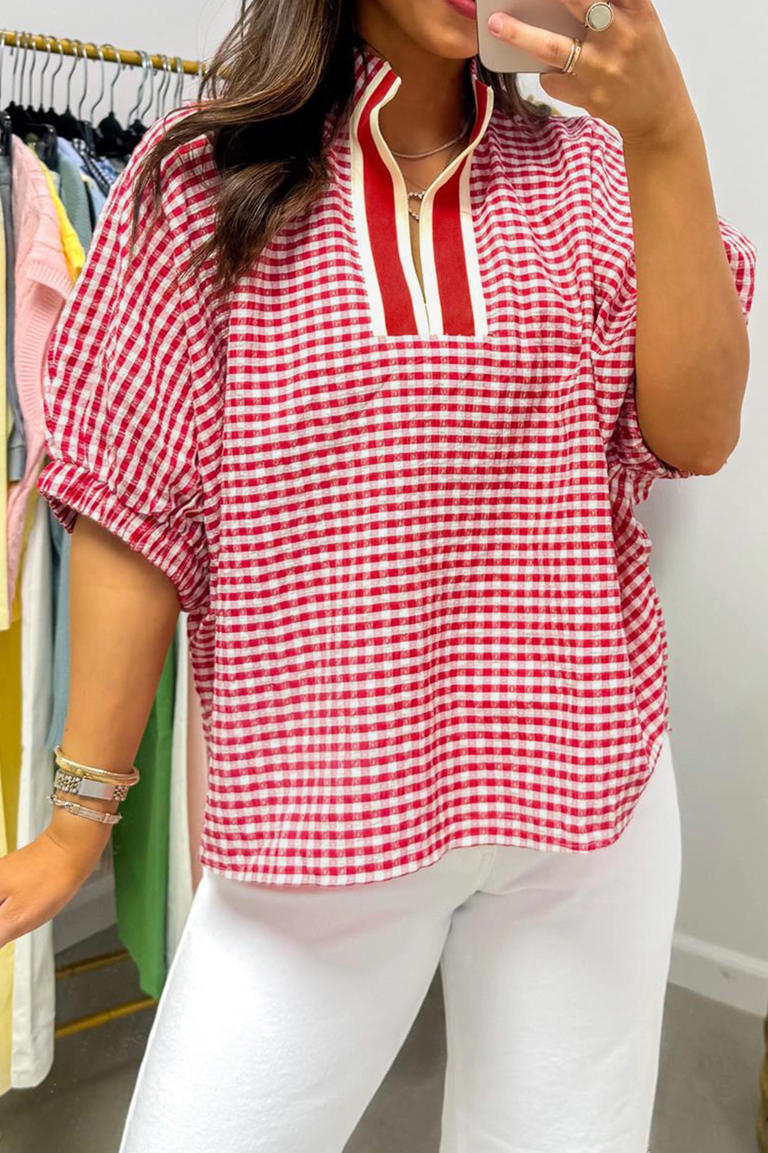 Red Plaid Short Sleeve Colorblock Trim Split Neck Blouse-Tops/Blouses & Shirts-[Adult]-[Female]-Red-S-2022 Online Blue Zone Planet