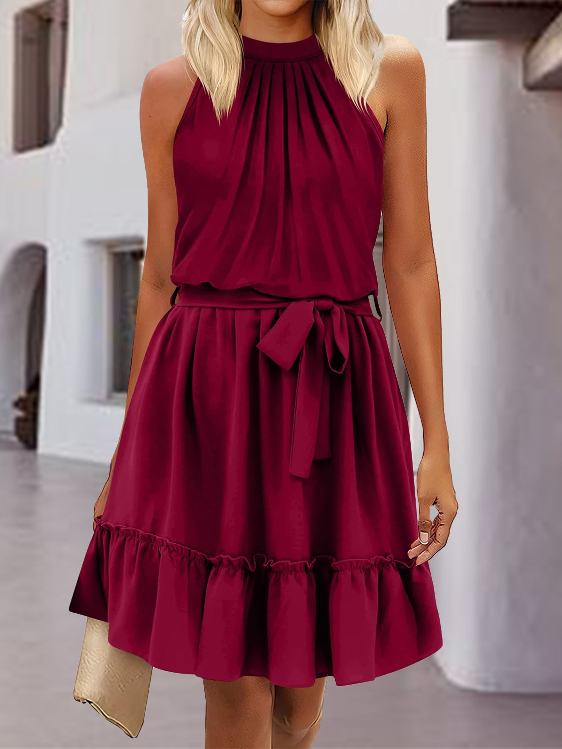 Frill Tied Mock Neck Sleeveless Dress-TOPS / DRESSES-[Adult]-[Female]-Burgundy-S-2022 Online Blue Zone Planet