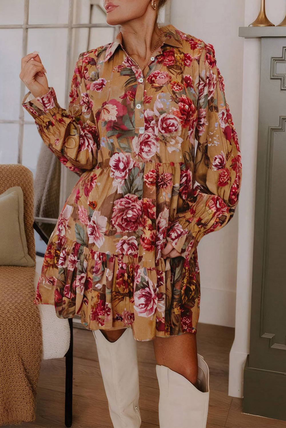 Brown Vintage Floral Print Shirt Style Half Button Long Sleeve Ruffle Mini Dress-Dresses/Floral Dresses-[Adult]-[Female]-Brown-S-2022 Online Blue Zone Planet