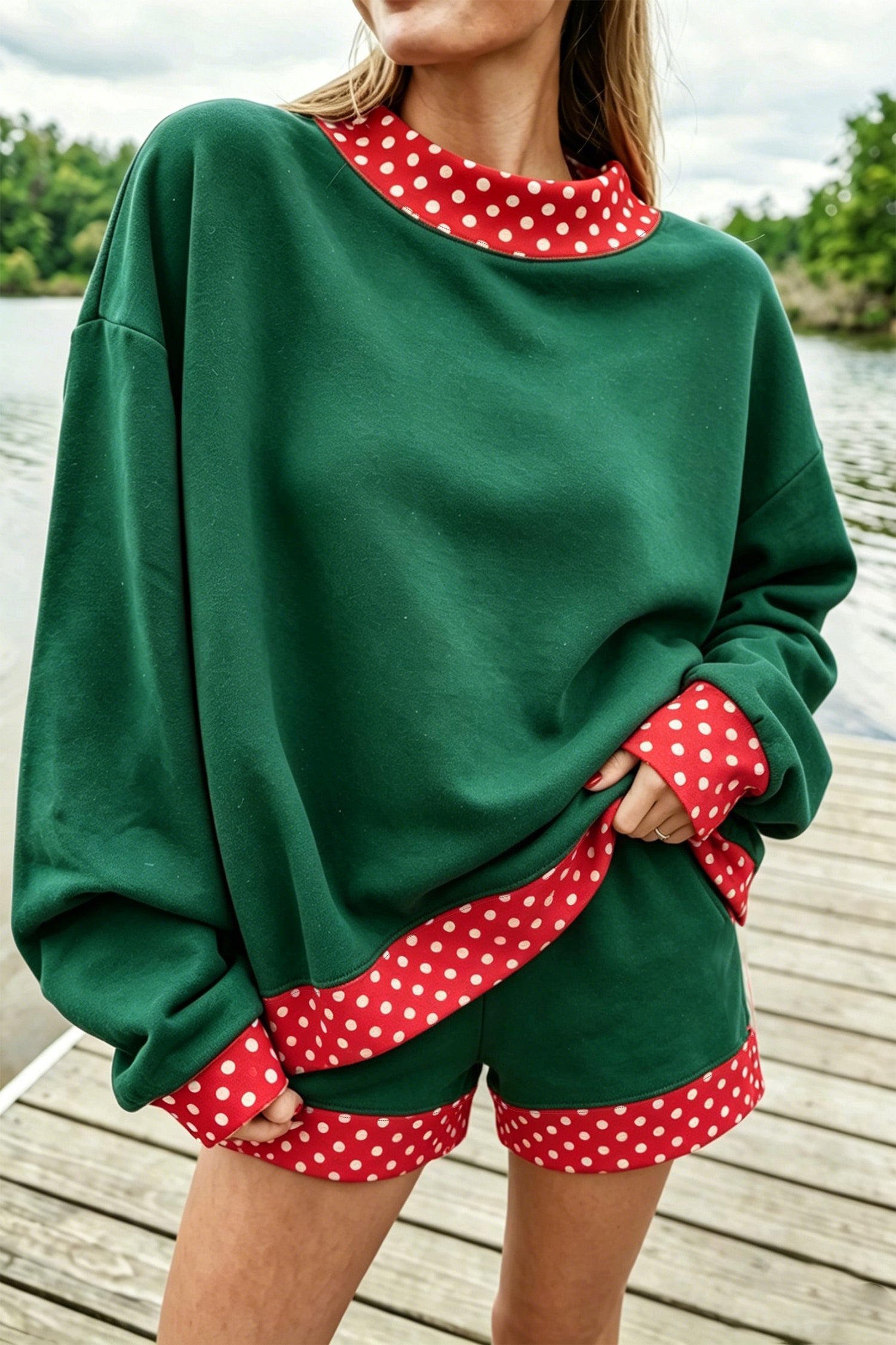Fiery Red Gingham Trim Baggy Pullover 2pcs Short Set-Two Piece Sets/Short Sets-[Adult]-[Female]-2022 Online Blue Zone Planet