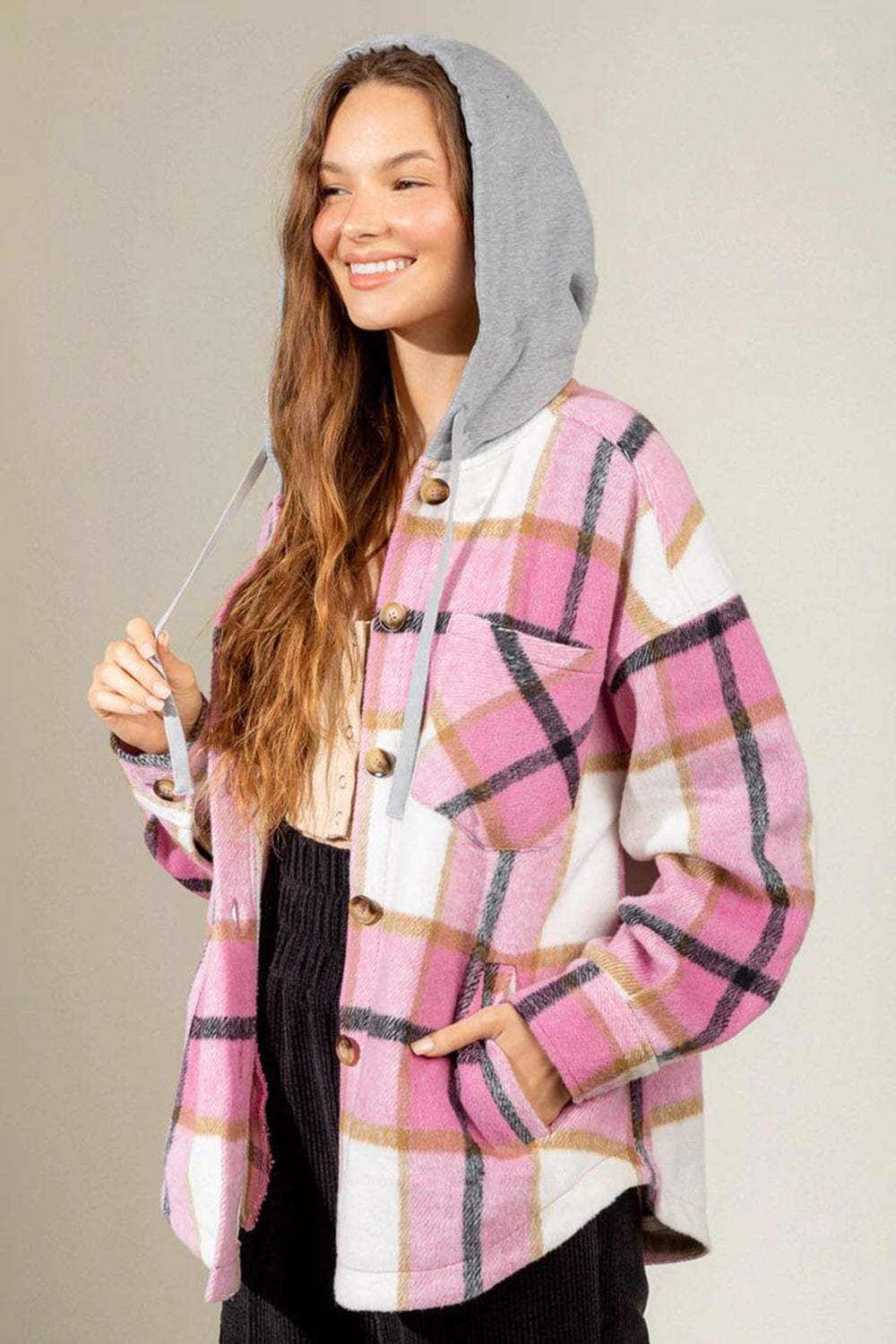 Drawstring Plaid Dropped Shoulder Hooded Shacket-TOPS / DRESSES-[Adult]-[Female]-2022 Online Blue Zone Planet