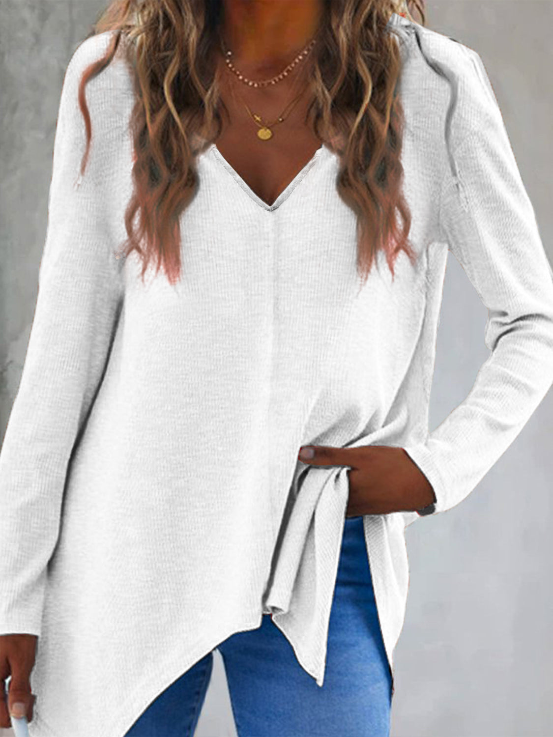 Full Size V-Neck Long Sleeve T-Shirt-TOPS / DRESSES-[Adult]-[Female]-White-S-2022 Online Blue Zone Planet