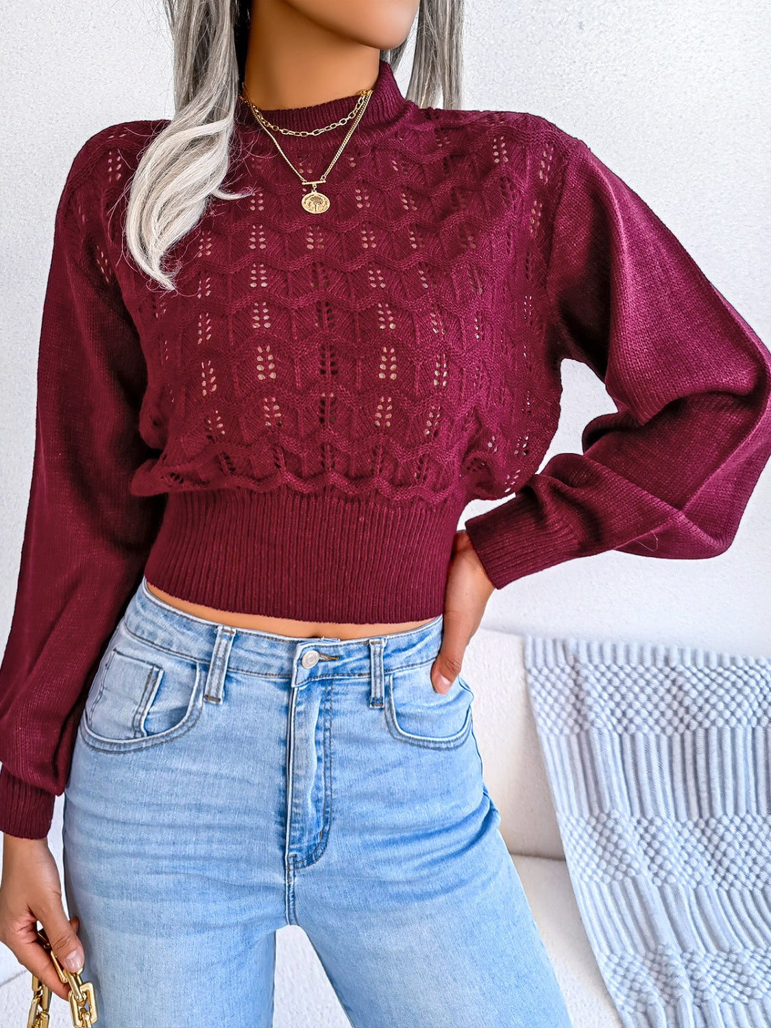 Blue Zone Planet | Openwork Mock Neck Long Sleeve Cropped Sweater-TOPS / DRESSES-[Adult]-[Female]-2022 Online Blue Zone Planet