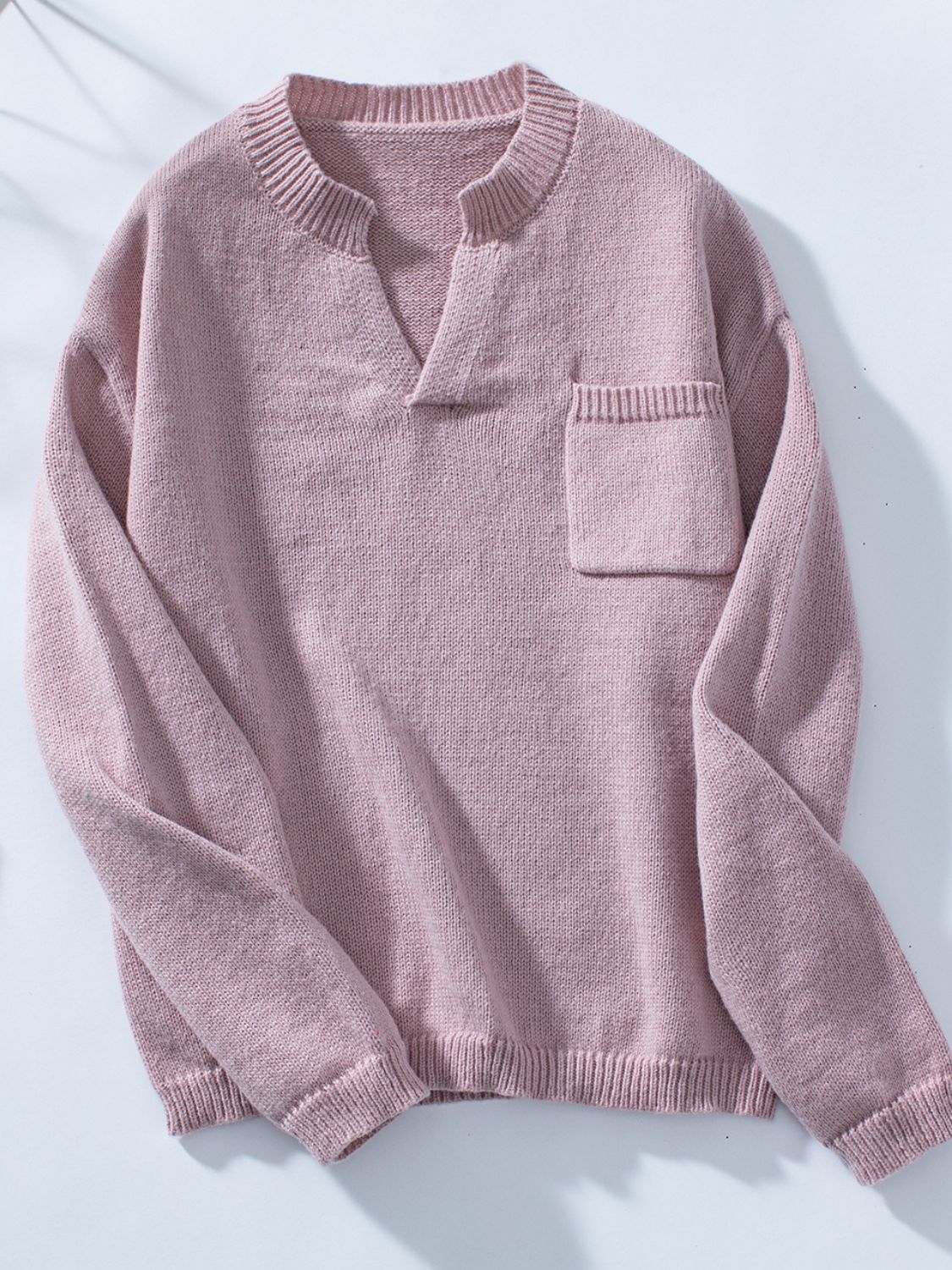 Pocketed Notched Long Sleeve Knit Top-TOPS / DRESSES-[Adult]-[Female]-Dusty Pink-S-2022 Online Blue Zone Planet