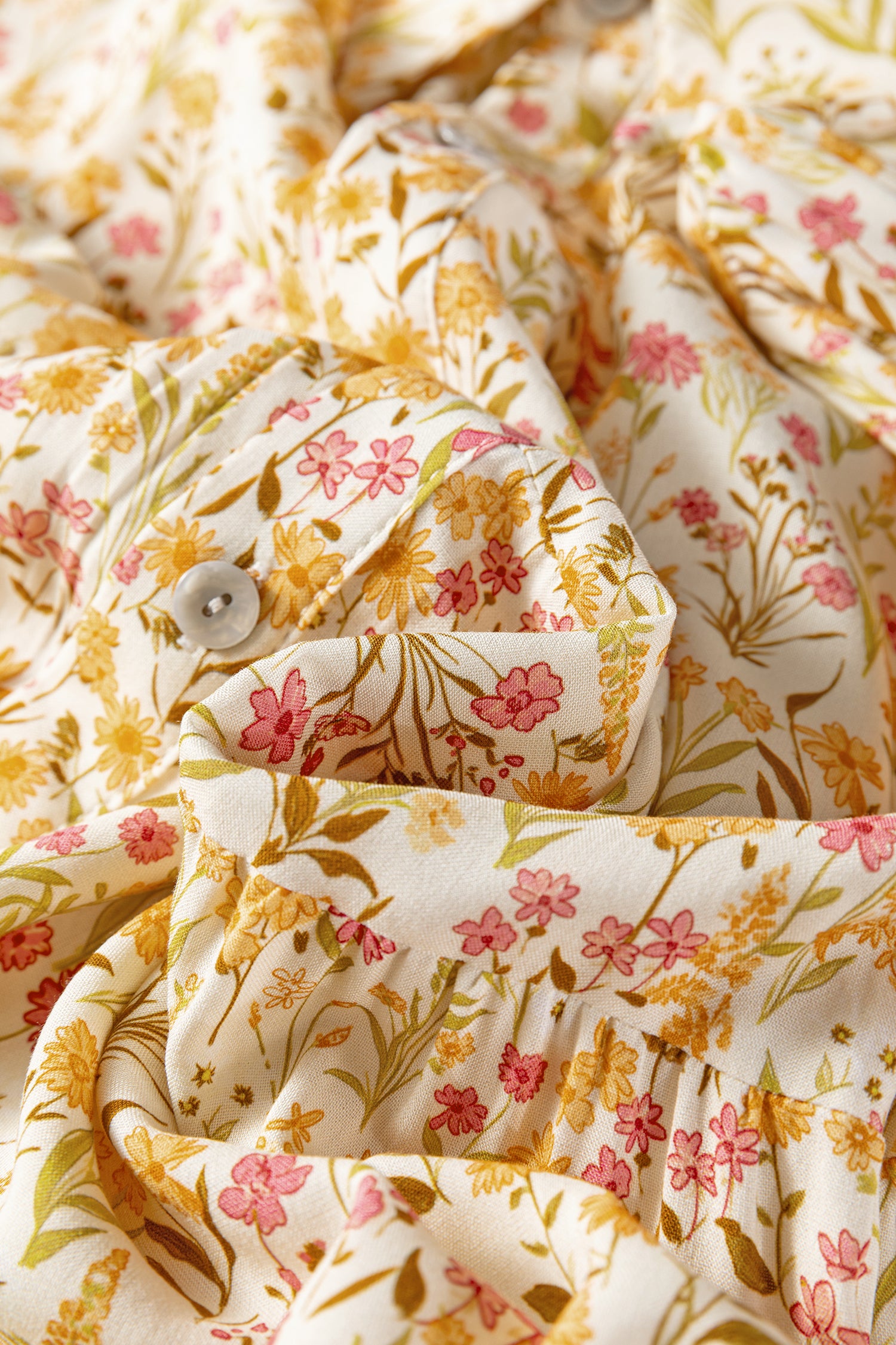 Yellow Floral Print Frilly Trim Smocked Cuff Long Sleeve Loose Shirt Dress-TOPS / DRESSES-[Adult]-[Female]-2022 Online Blue Zone Planet