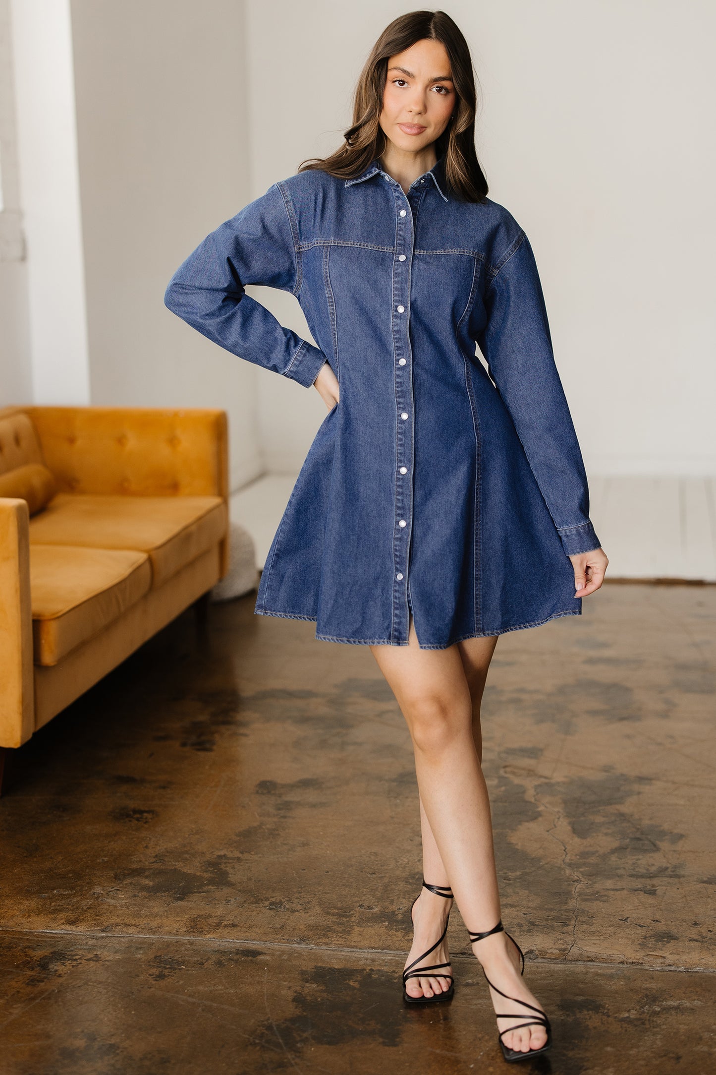 Ashleigh Blue Denim Shirt Collar Long Sleeve Flared Mini Dress-TOPS / DRESSES-[Adult]-[Female]-2022 Online Blue Zone Planet