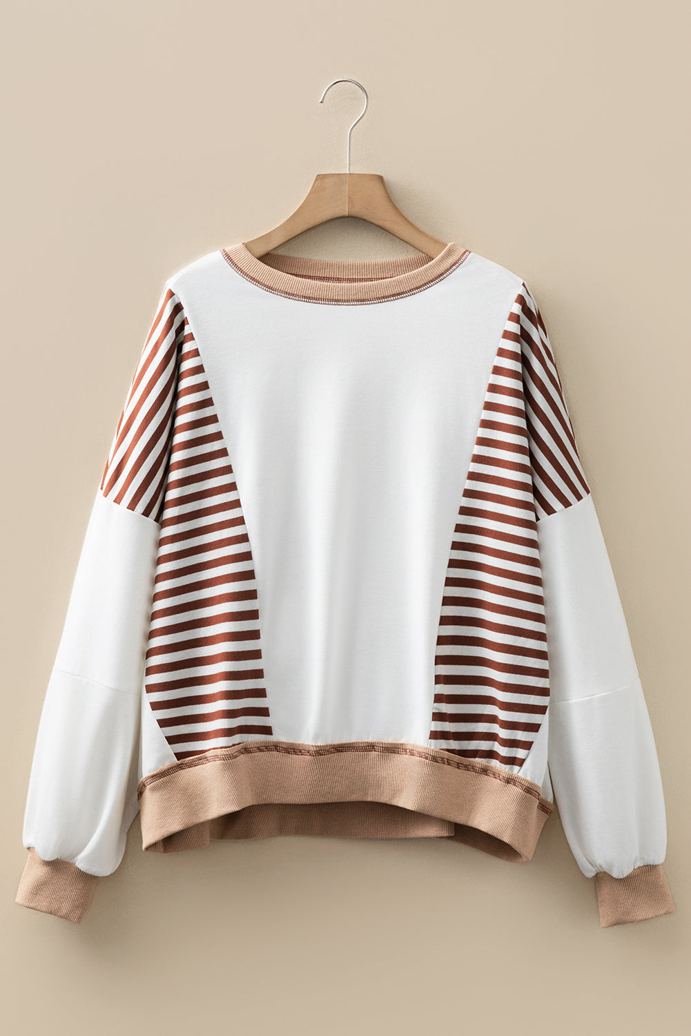 Brown Stripe Colorblock Patchwork Contrast Stitching Oversize Sweatshirt-Tops/Sweatshirts & Hoodies-[Adult]-[Female]-2022 Online Blue Zone Planet