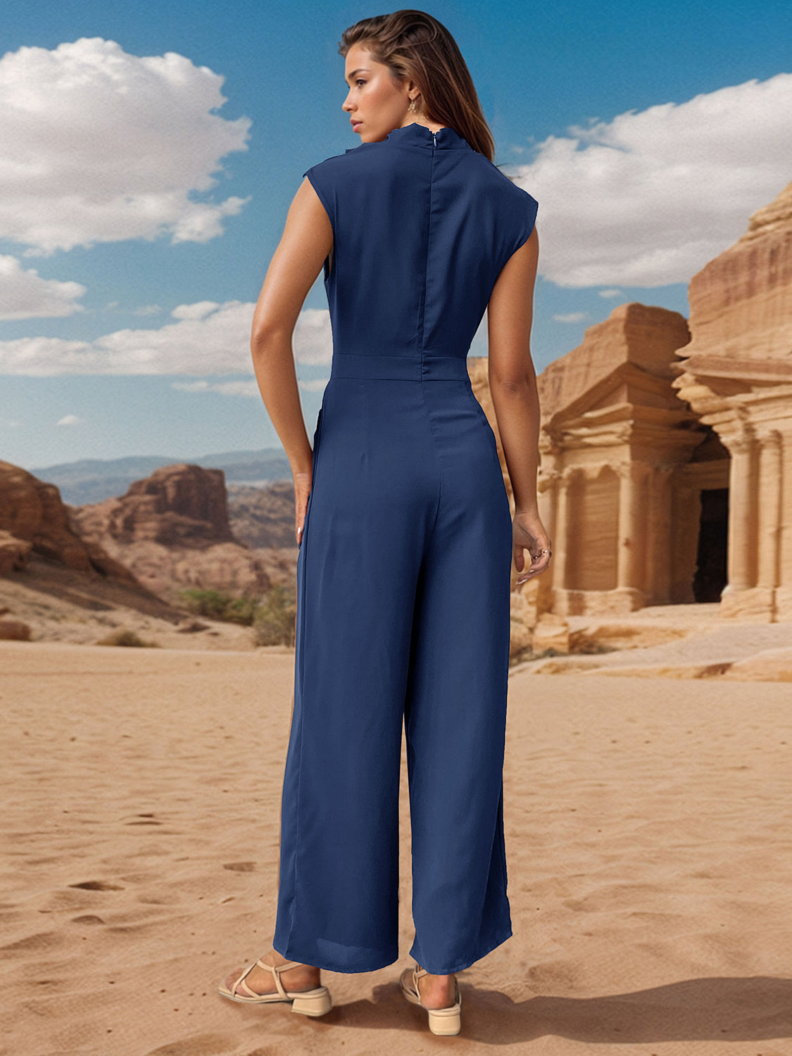 Blue Zone Planet | Ruched Mock Neck Sleeveless Jumpsuit-TOPS / DRESSES-[Adult]-[Female]-2022 Online Blue Zone Planet