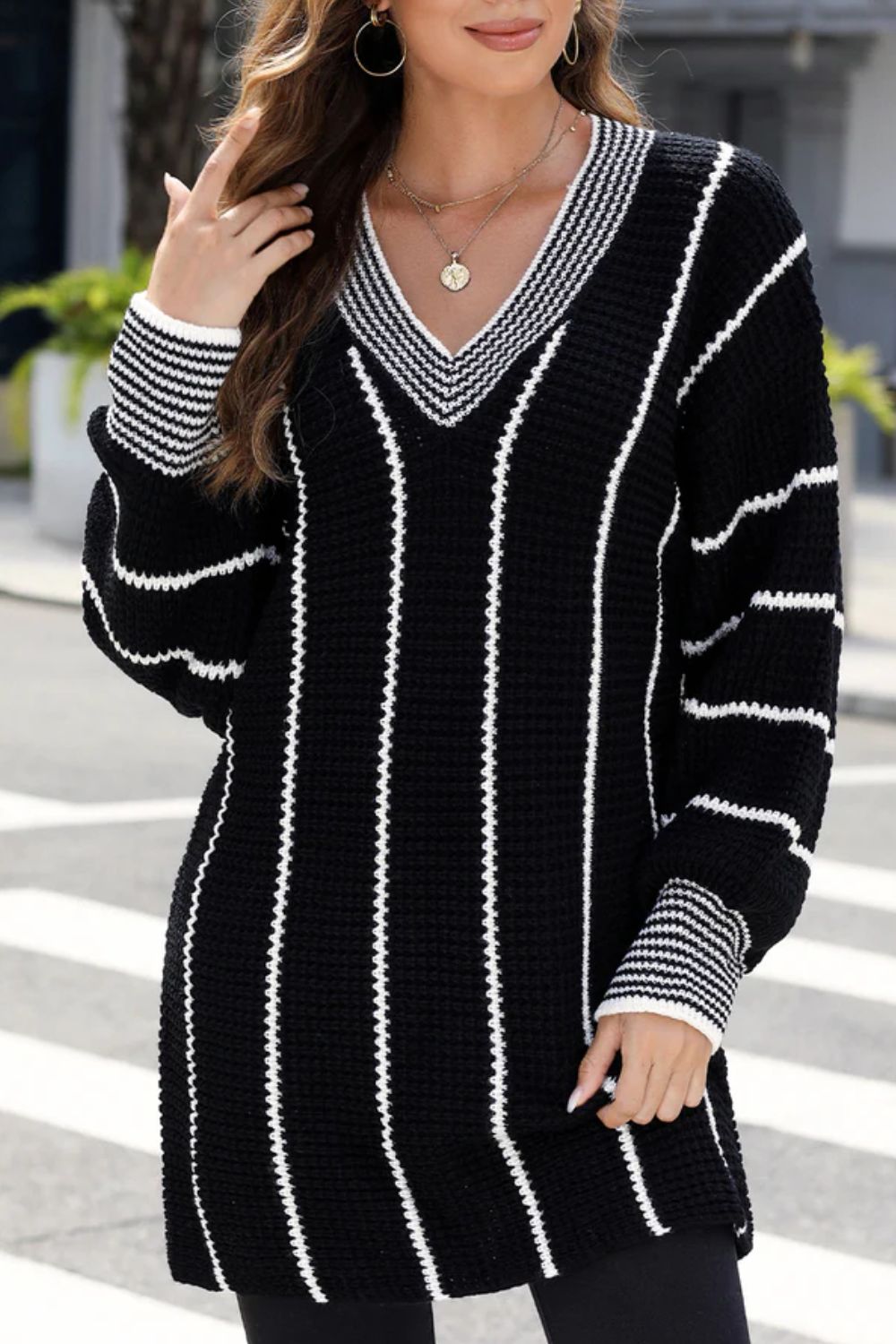 Blue Zone Planet | Striped V-Neck Long Sleeve Sweater-TOPS / DRESSES-[Adult]-[Female]-2022 Online Blue Zone Planet