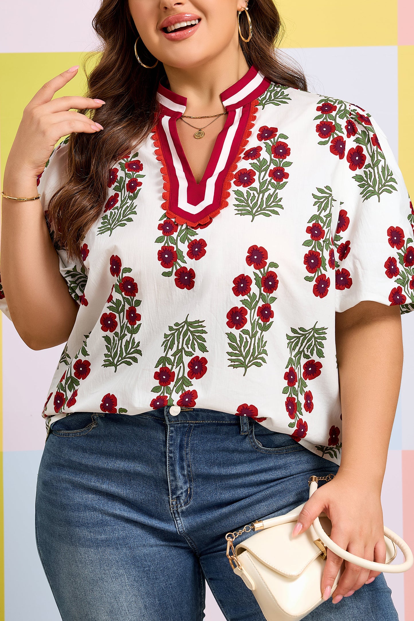 Black Plus Size Floral Print Ricrac Striped Trim Short Sleeve Cotton Blouse-Plus Size/Plus Size Tops/Plus Size Blouses & Shirts-[Adult]-[Female]-2022 Online Blue Zone Planet
