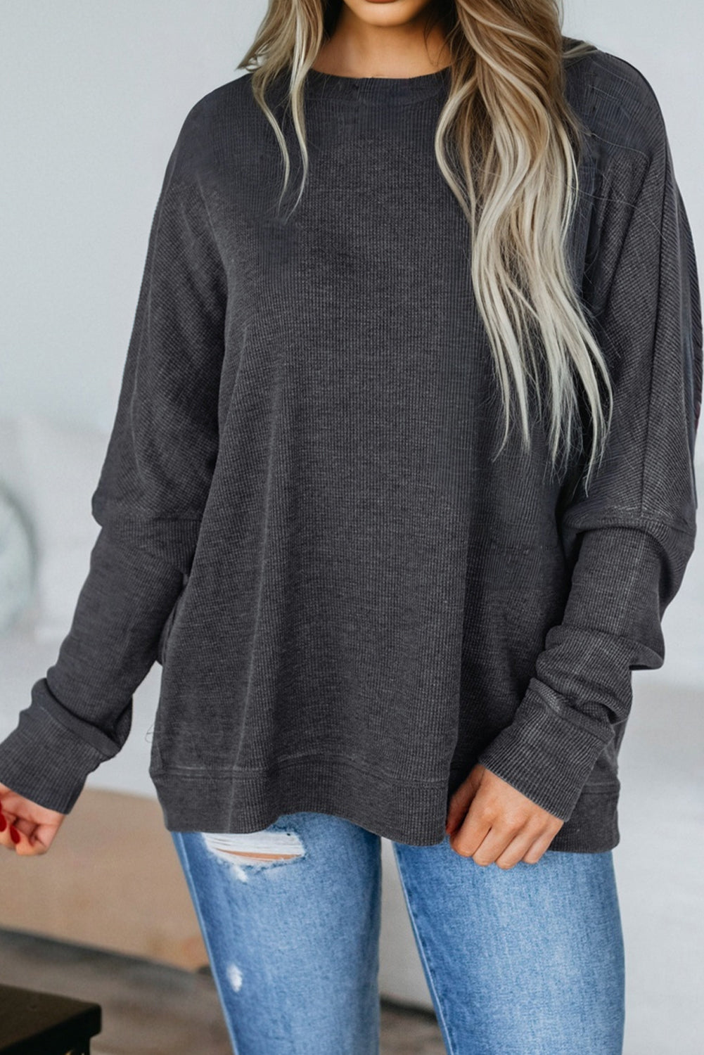 Dark Grey Waffle Knit Patchwork Long Sleeve Loose Top-Tops/Long Sleeve Tops-[Adult]-[Female]-2022 Online Blue Zone Planet