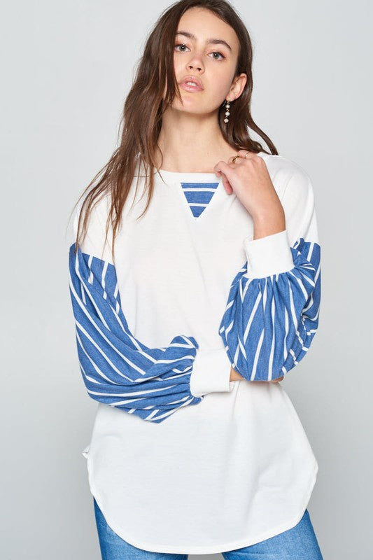 Blue Zone Planet | Super Lady Full Size French Terry Striped Long Sleeve Top-TOPS / DRESSES-[Adult]-[Female]-Ivory-S-2022 Online Blue Zone Planet