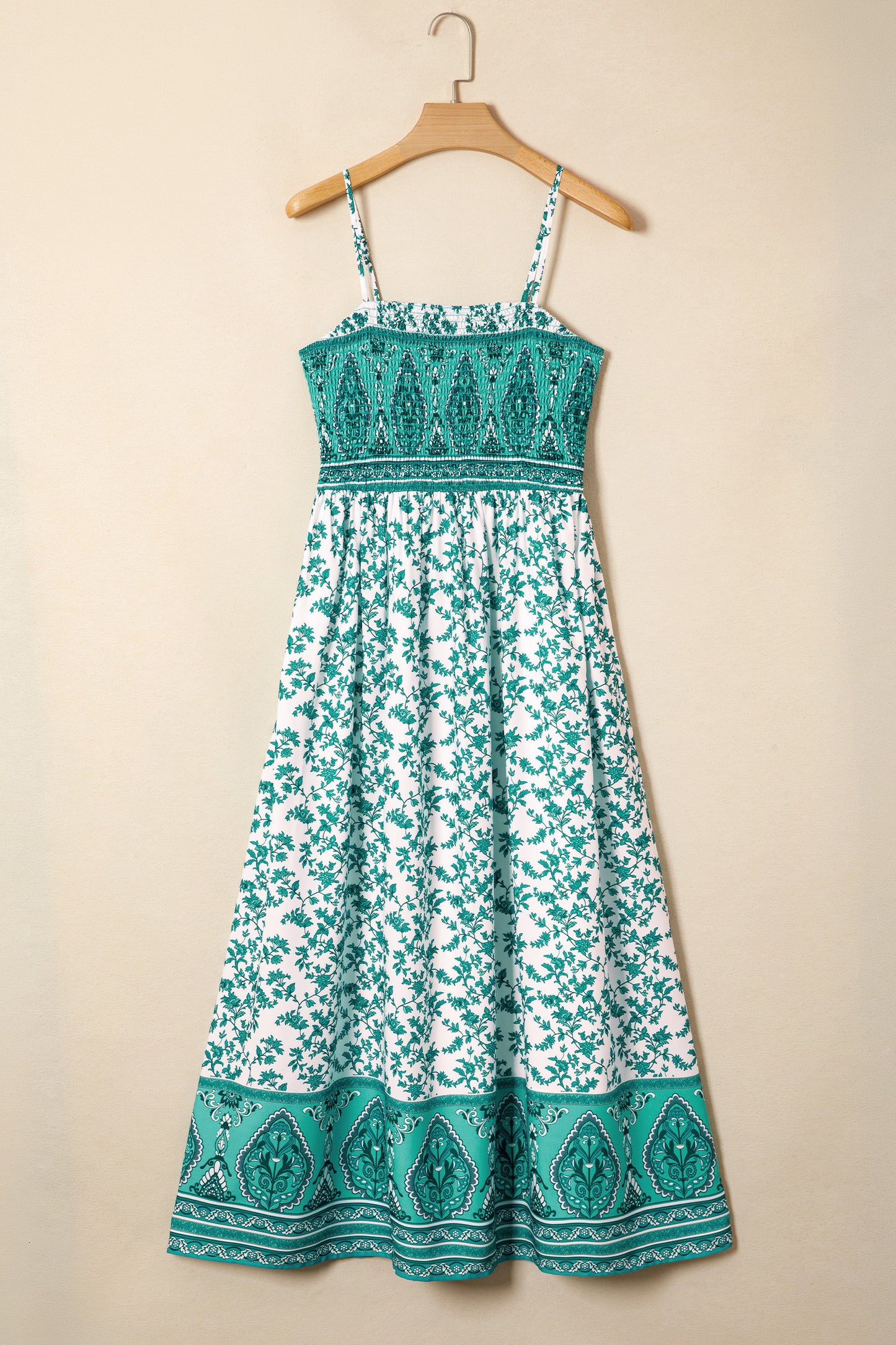 Green Boho Floral Print Shirred Cami Maxi Dress-TOPS / DRESSES-[Adult]-[Female]-2022 Online Blue Zone Planet