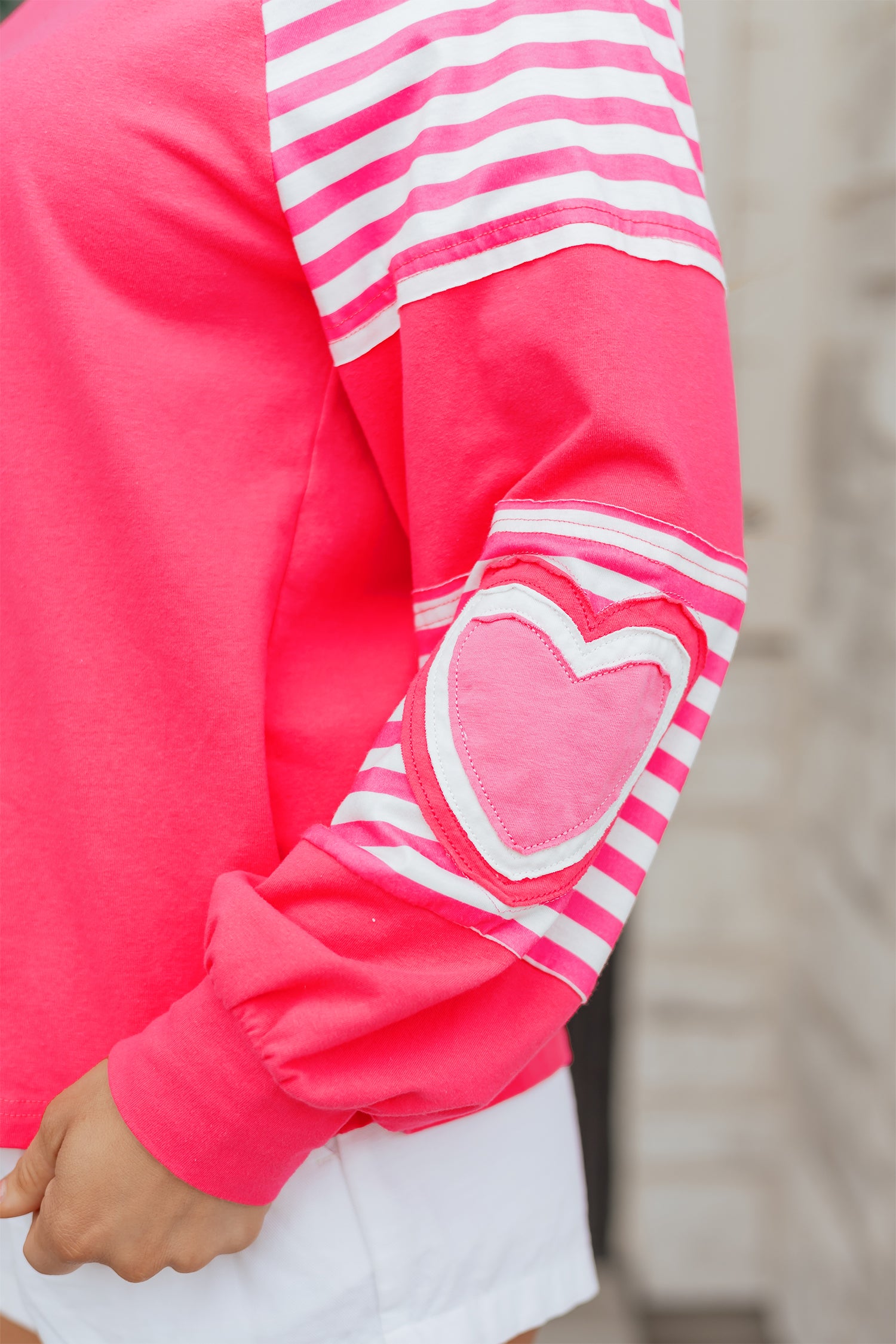 Strawberry Pink Heart Shape Striped Patchwork Long Sleeve Loose Top-Tops/Long Sleeve Tops-[Adult]-[Female]-2022 Online Blue Zone Planet
