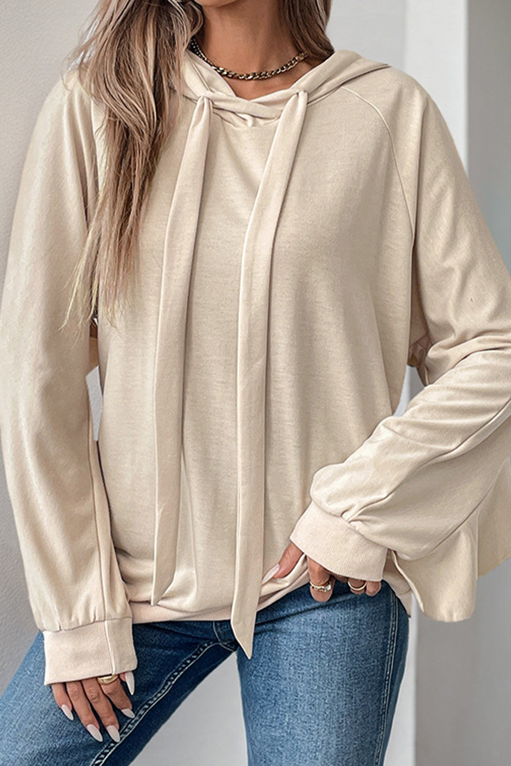 Beige Ruffle Edge Plain Drawstring Hoodie-Sweatshirts & Hoodies-[Adult]-[Female]-2022 Online Blue Zone Planet