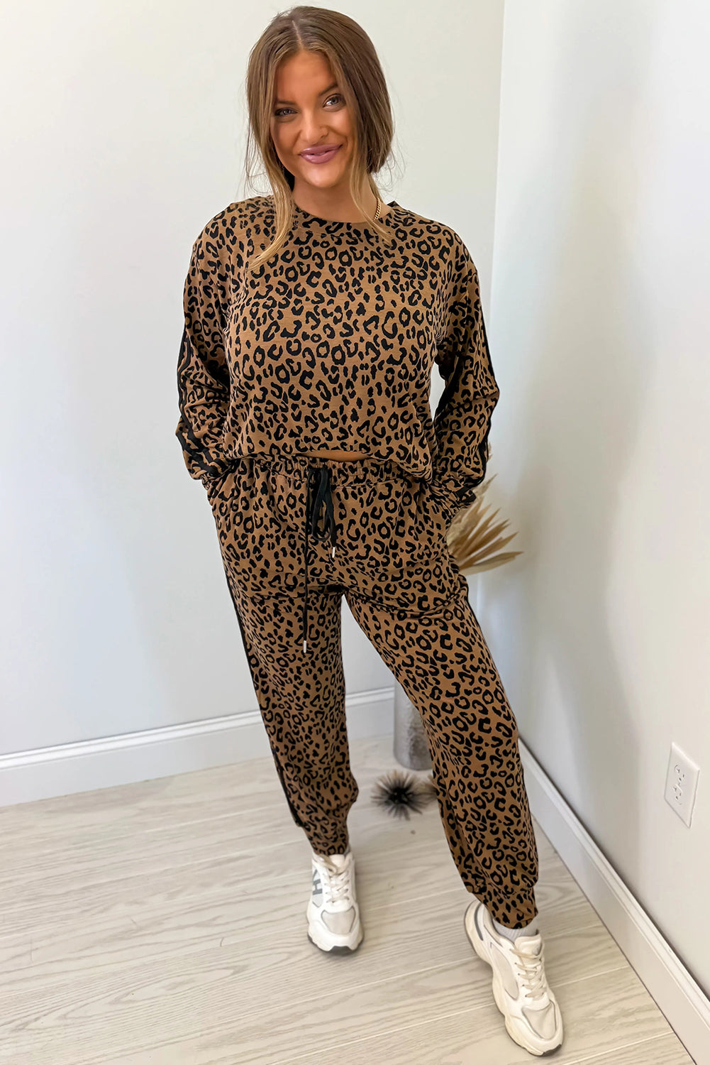 Brown Varsity Striped Trim Leopard Long Sleeve Top Drawstring Pant Set-Two Piece Sets/Pant Sets-[Adult]-[Female]-2022 Online Blue Zone Planet