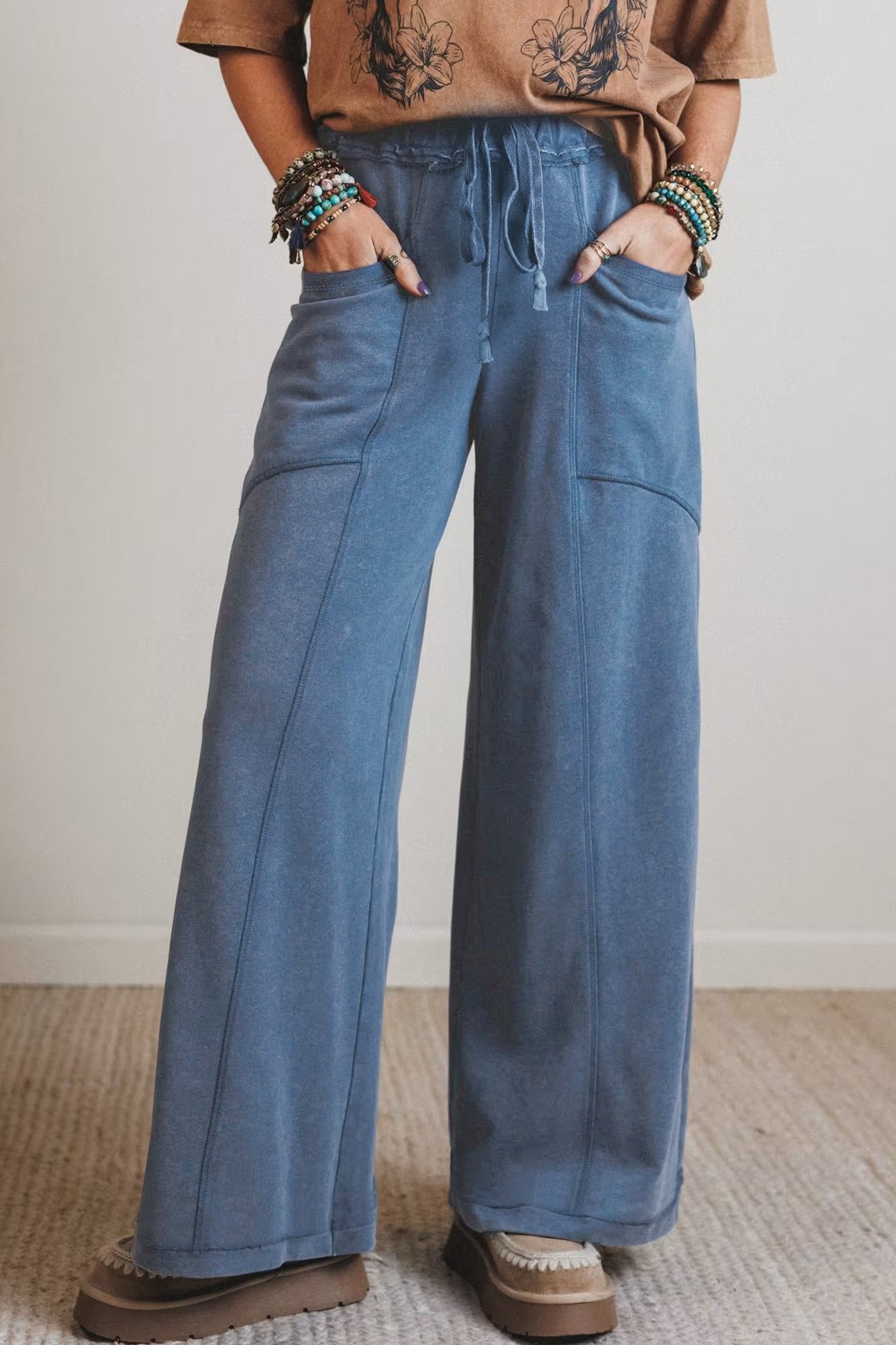 Ashleigh Blue Mineral Wash Drawstring Retro High Waist Wide Leg Western Pants-Bottoms/Pants & Culotte-[Adult]-[Female]-2022 Online Blue Zone Planet