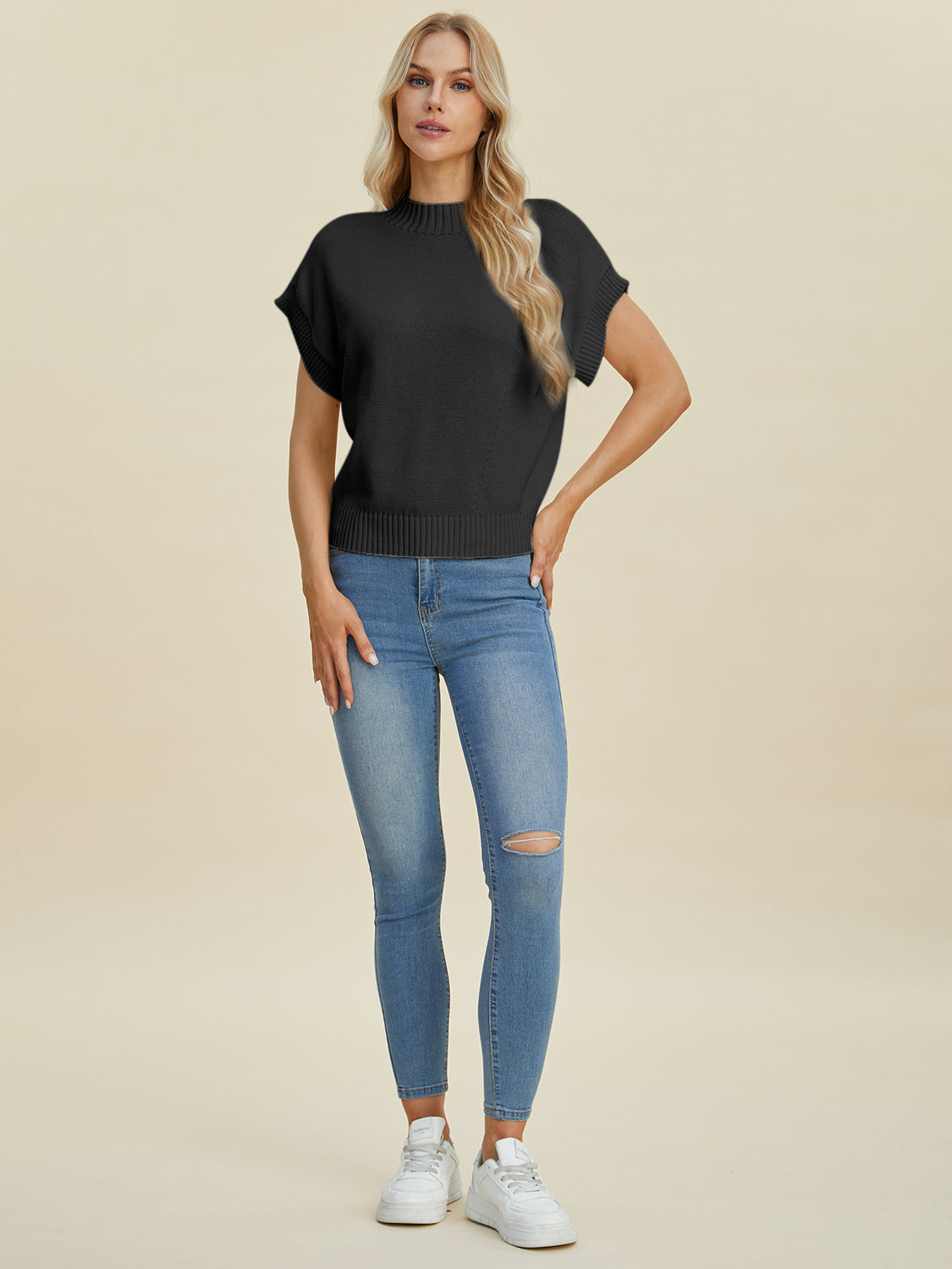 Double Take Full Size Mock Neck Short Sleeve Sweater-TOPS / DRESSES-[Adult]-[Female]-2022 Online Blue Zone Planet