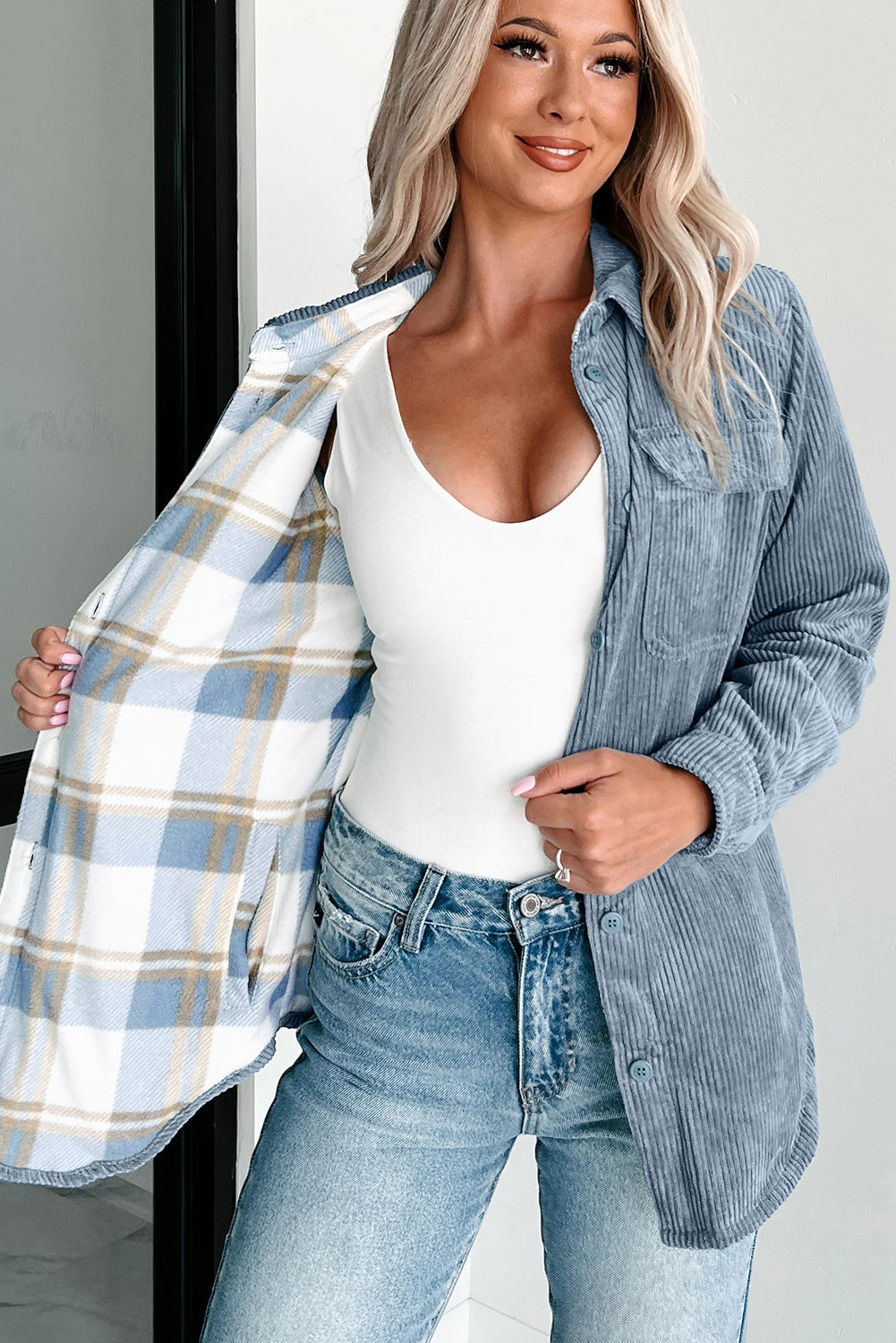 Stone Blue Plaid Corduroy Reversible Button Up Shacket-Outerwear/Plaid Shackets-[Adult]-[Female]-2022 Online Blue Zone Planet