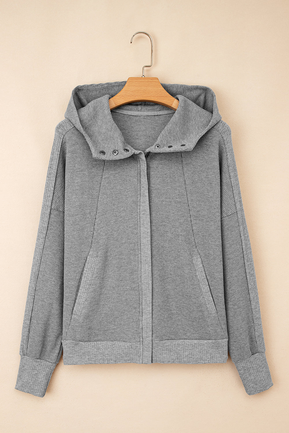 Gray Waffle Splicing Zip Up Front Button Hooded Jacket-Tops / Dresses-[Adult]-[Female]-2022 Online Blue Zone Planet