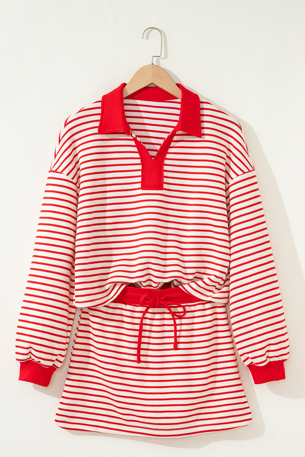 Red Stripe Collared V Neck Drop Shoulder Pullover And Skort 2pcs Outfit-Two Piece Sets/Two Piece Dresses-[Adult]-[Female]-2022 Online Blue Zone Planet