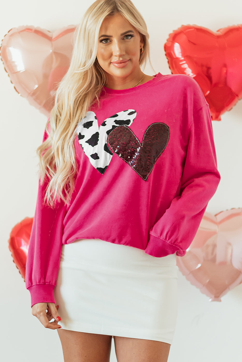 Strawberry Pink Cow & Sequin Double Heart Patch Graphic Sweatshirt-Tops/Sweatshirts & Hoodies-[Adult]-[Female]-Strawberry Pink-S-2022 Online Blue Zone Planet